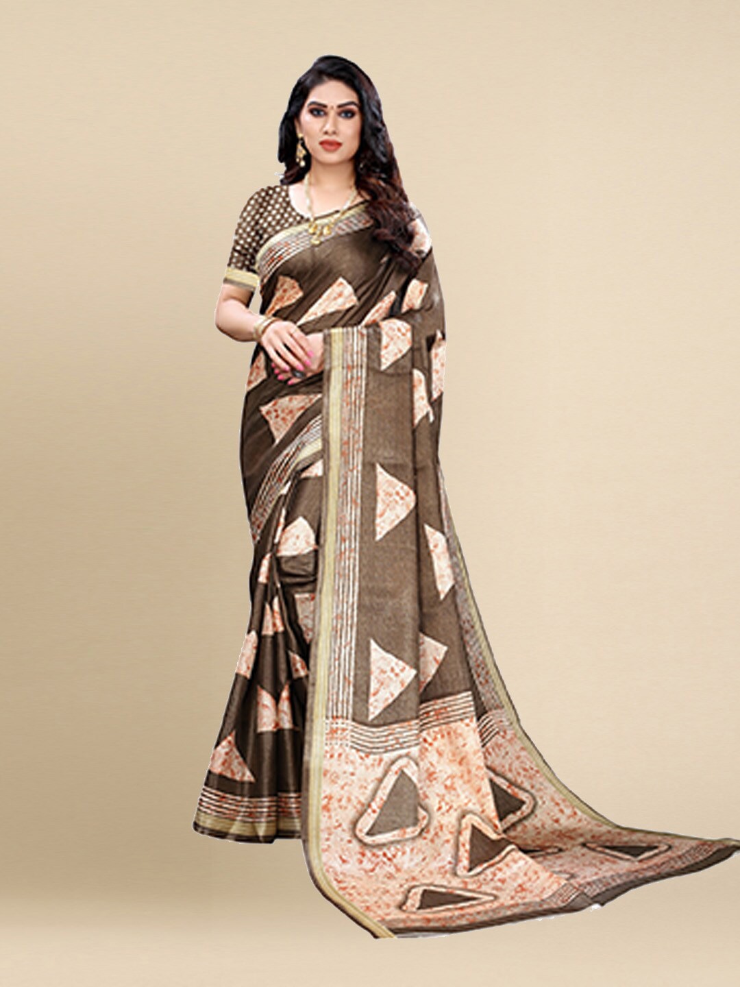 

Poshyaa Brown Geometric Printed Art Silk Khadi Saree