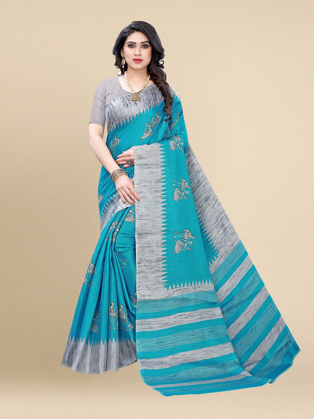 

Poshyaa Turquoise Blue & Grey Ethnic Motifs Printed Art Silk Khadi Saree