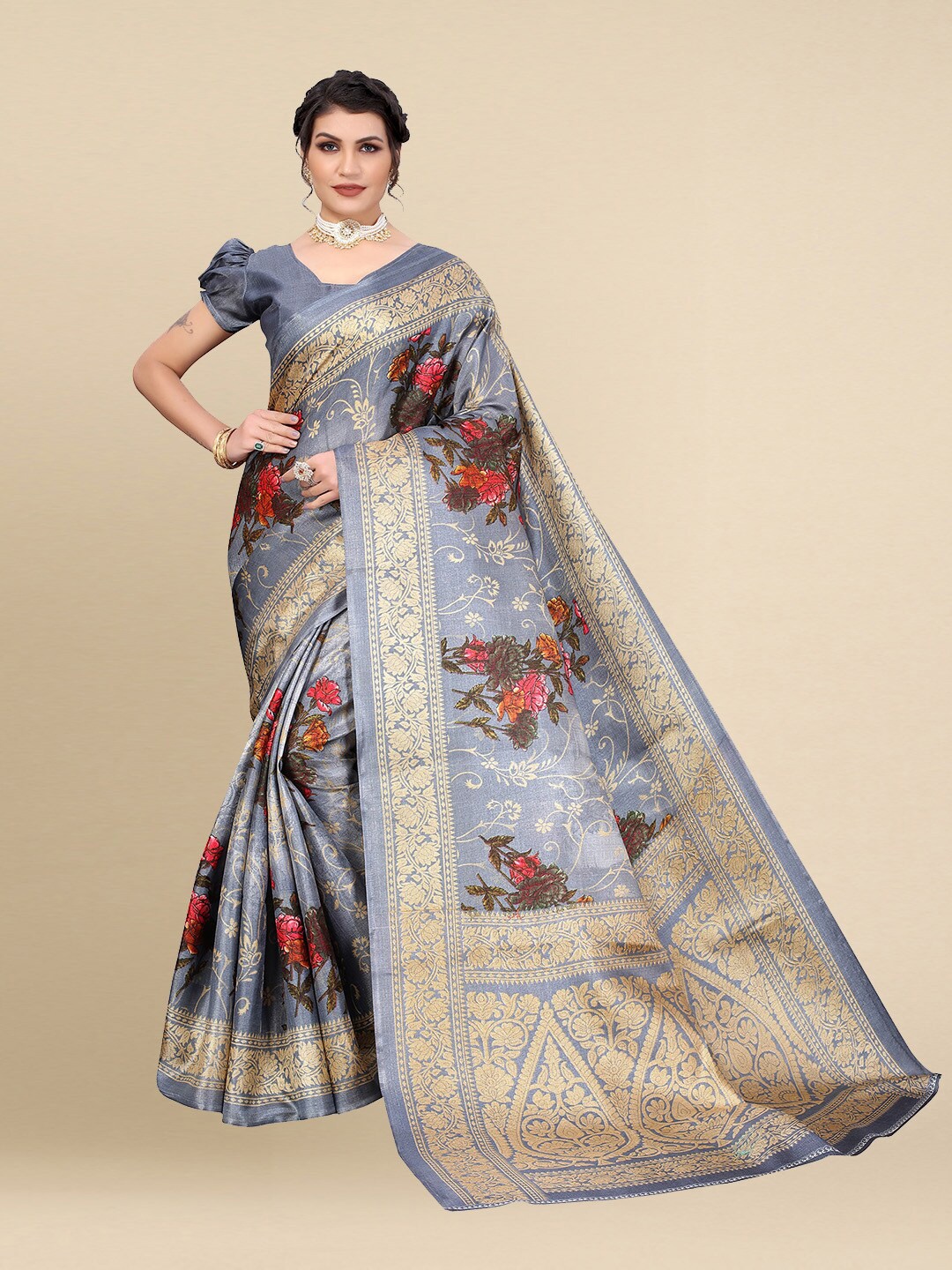 

Poshyaa Grey & Beige Floral Printed Art Silk Khadi Saree