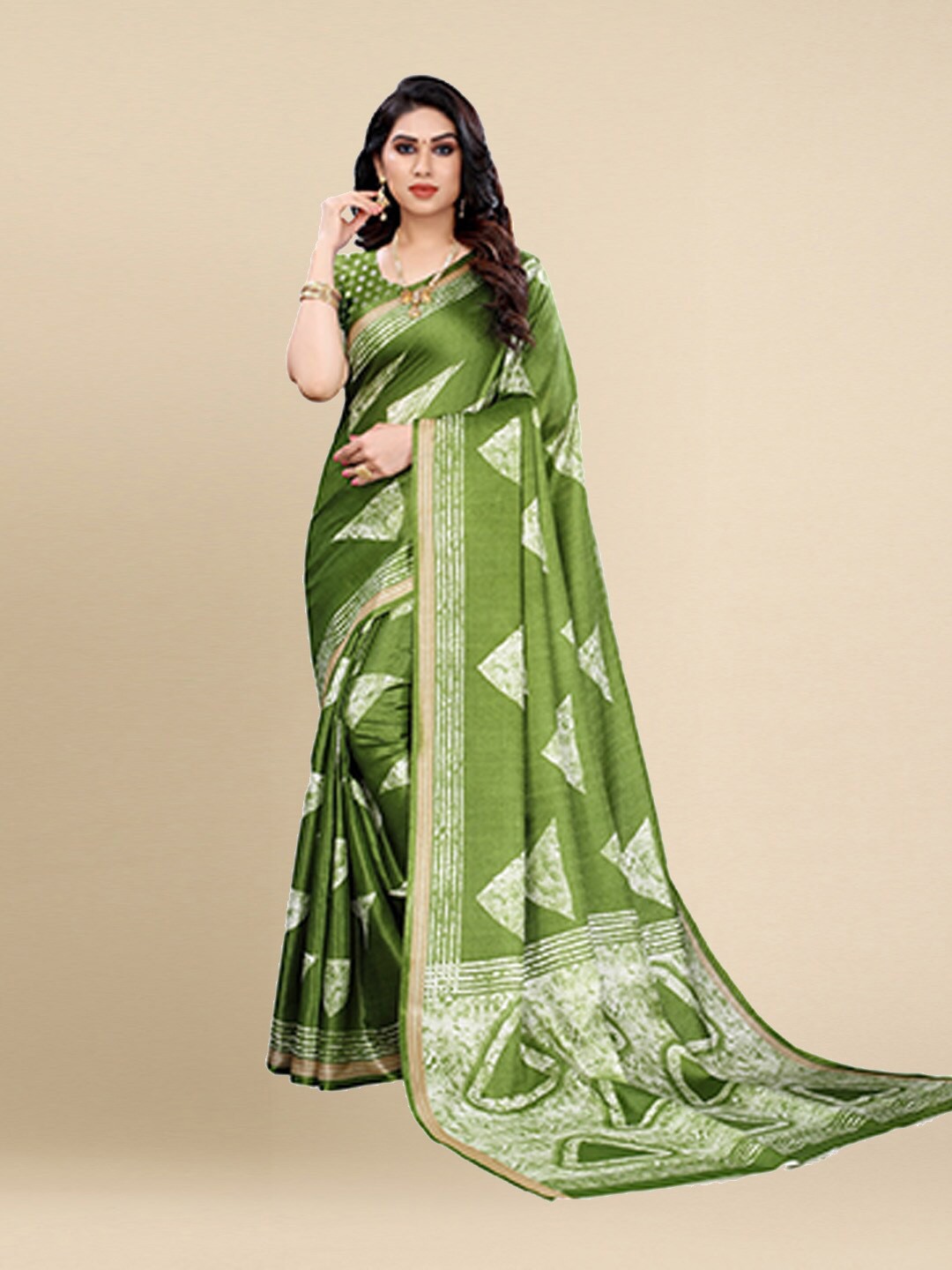 

Poshyaa Green & Off White Geometric Printed Art Silk Khadi Saree