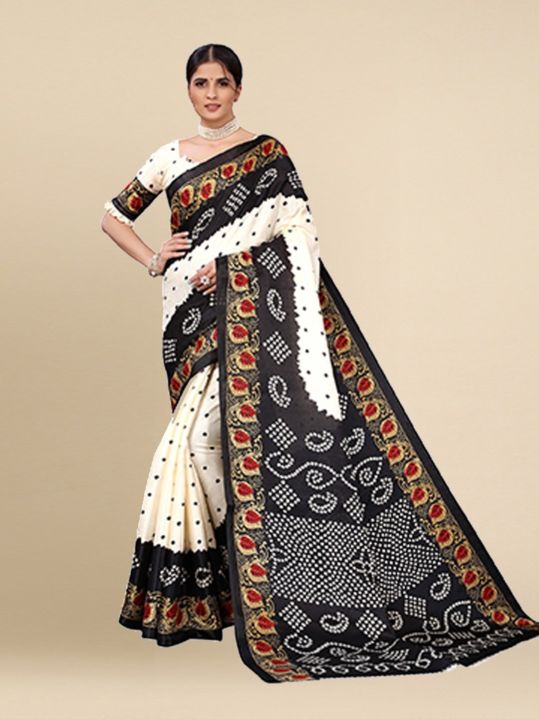 

Poshyaa Black & White Ethnic Motifs Printed Art Silk Khadi Saree