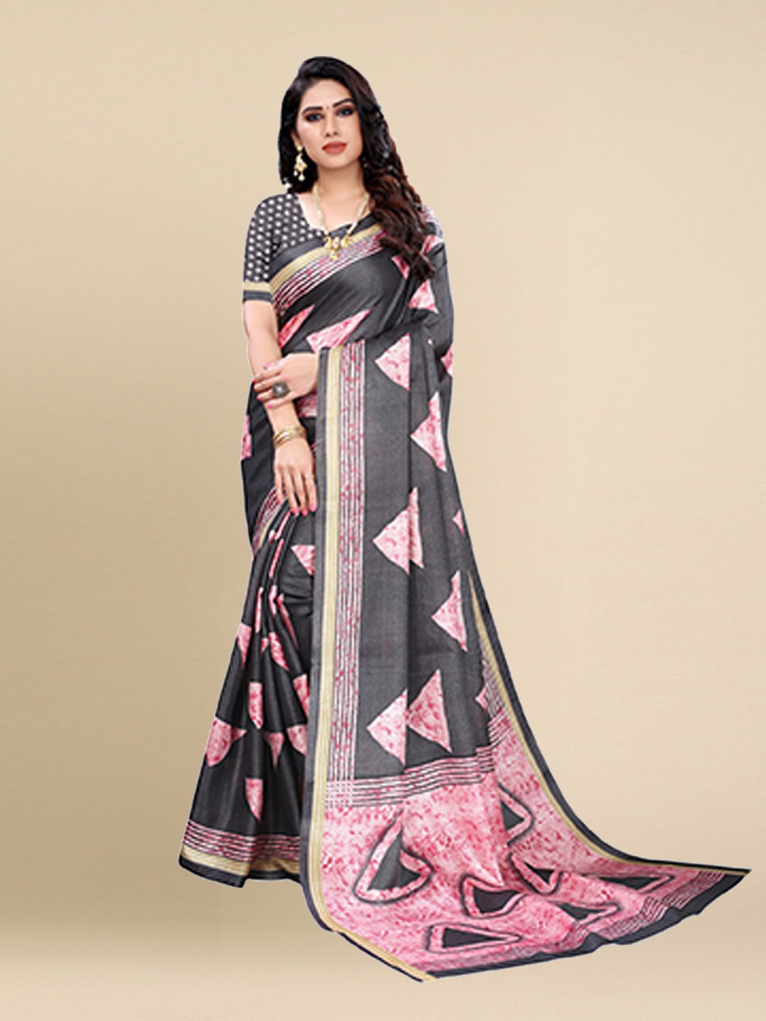 

Poshyaa Grey & Pink Geometric Printed Art Silk Khadi Saree