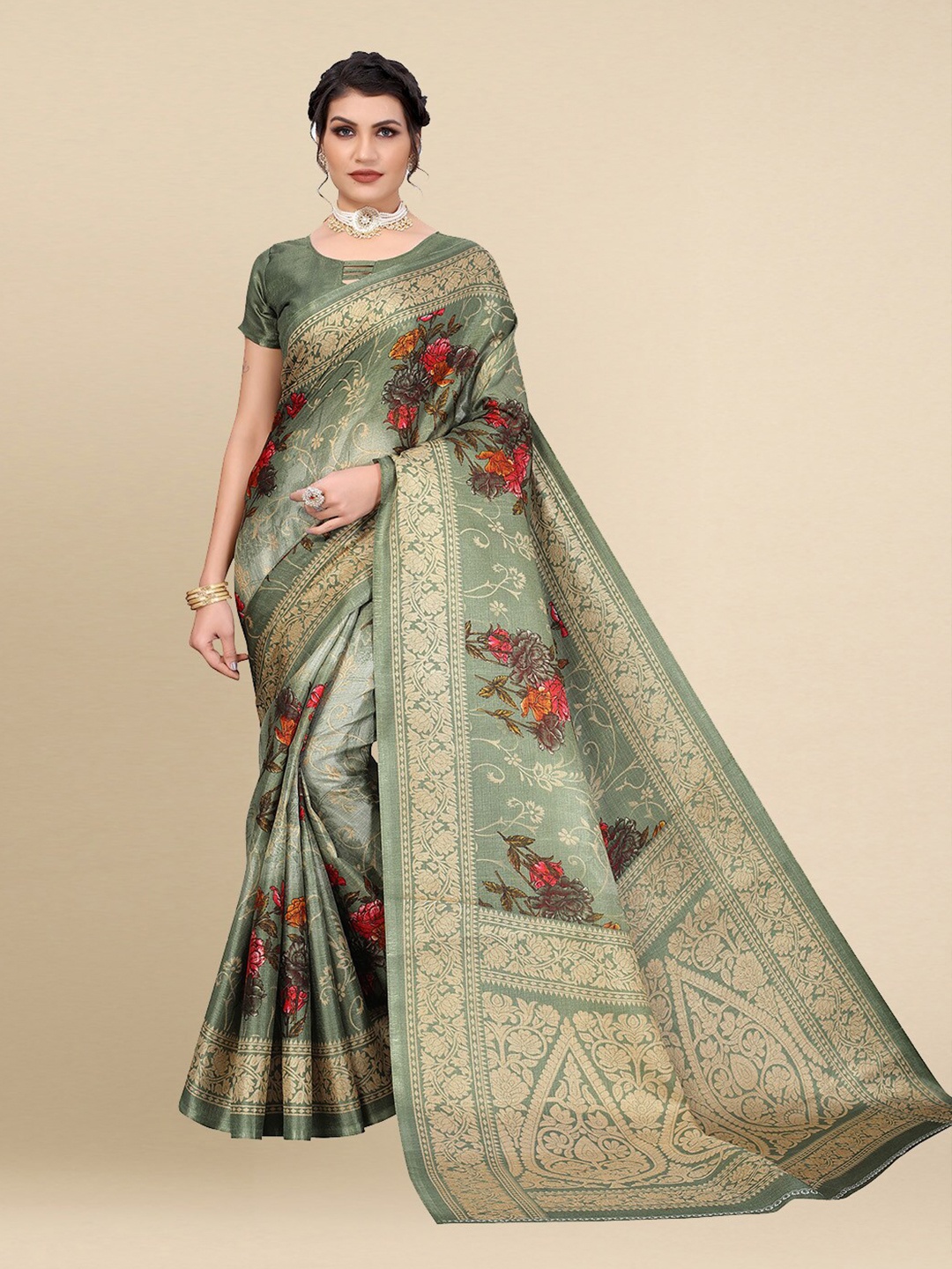 

Poshyaa Green & Red Floral Printed Art Silk Khadi Saree