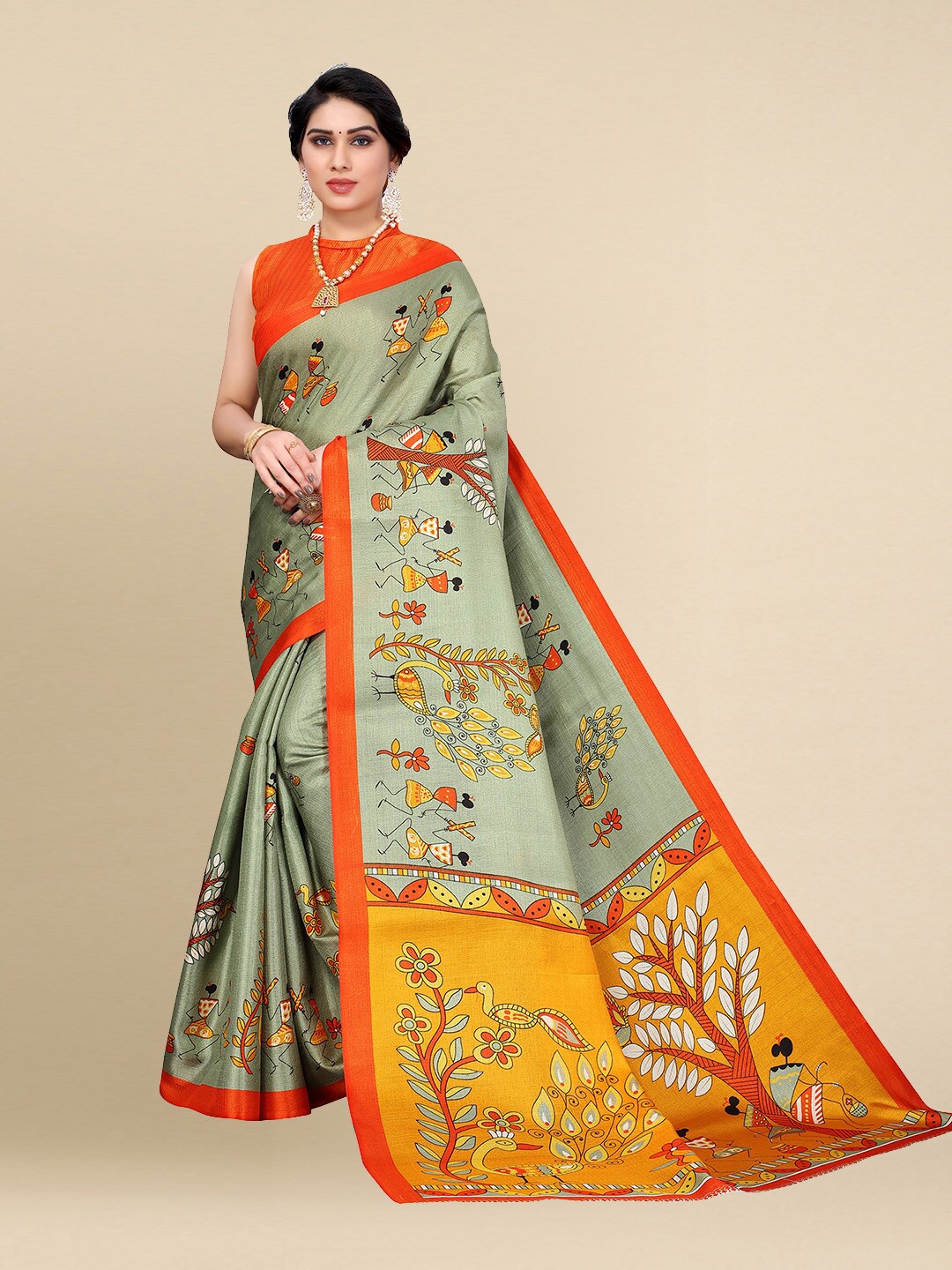 

Poshyaa Green & Orange Floral Printed Art Silk Khadi Saree