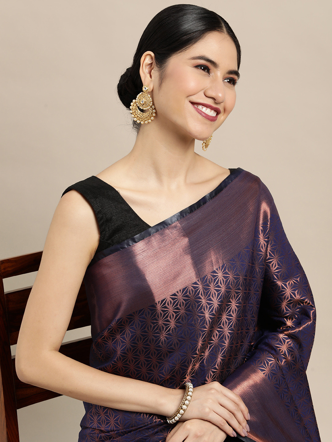 

Mitera Navy Blue & Copper Zari Kanjeevaram Saree