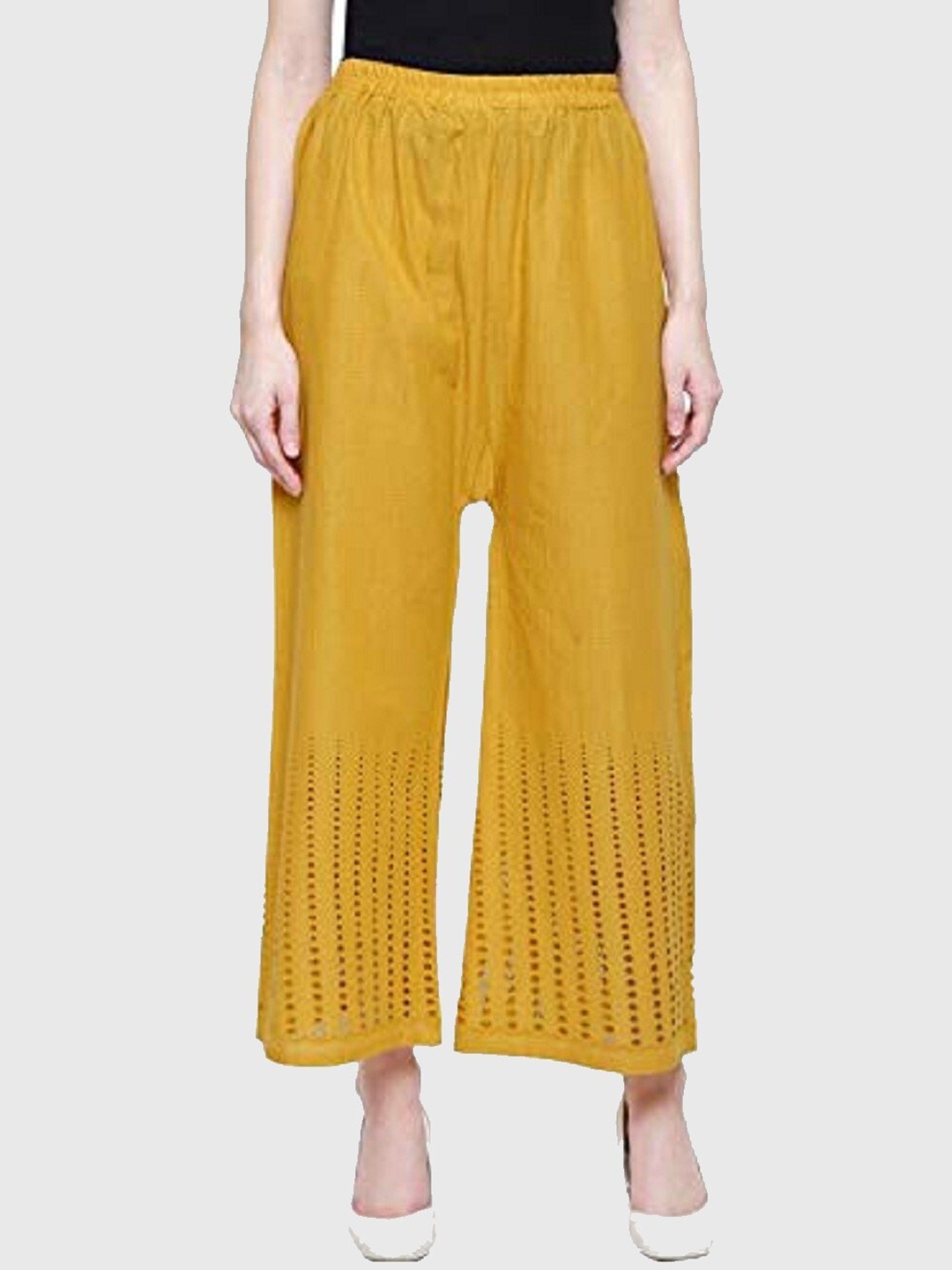 

Trendzmy Women Mustard Yellow Hem Design Flared Palazzos