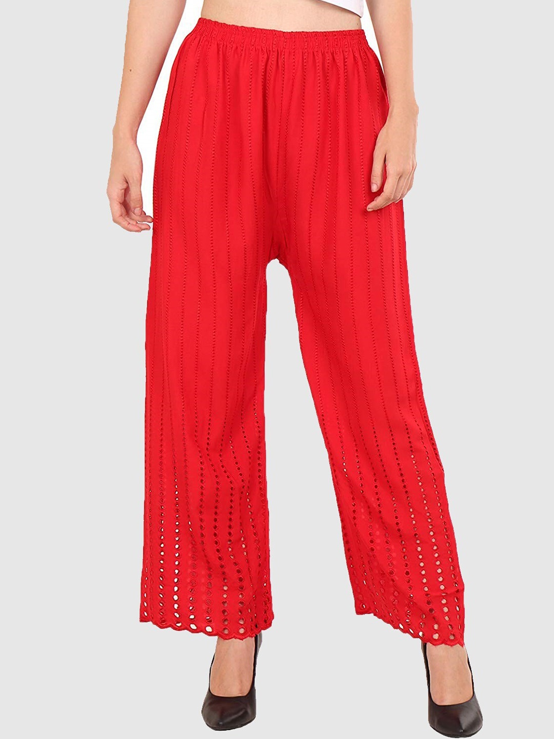 

Trendzmy Women Red Embroidered Flared Ethnic Palazzos