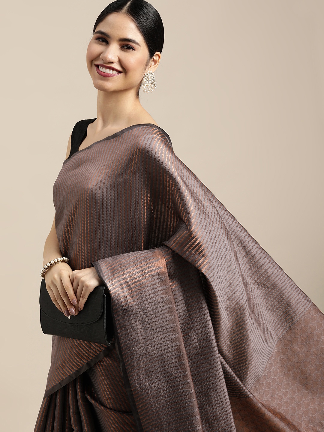 

Mitera Grey & Copper Striped Zari Kanjeevaram Saree