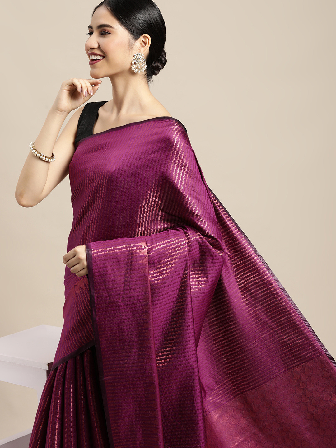 

Mitera Purple & Copper Striped Zari Kanjeevaram Saree