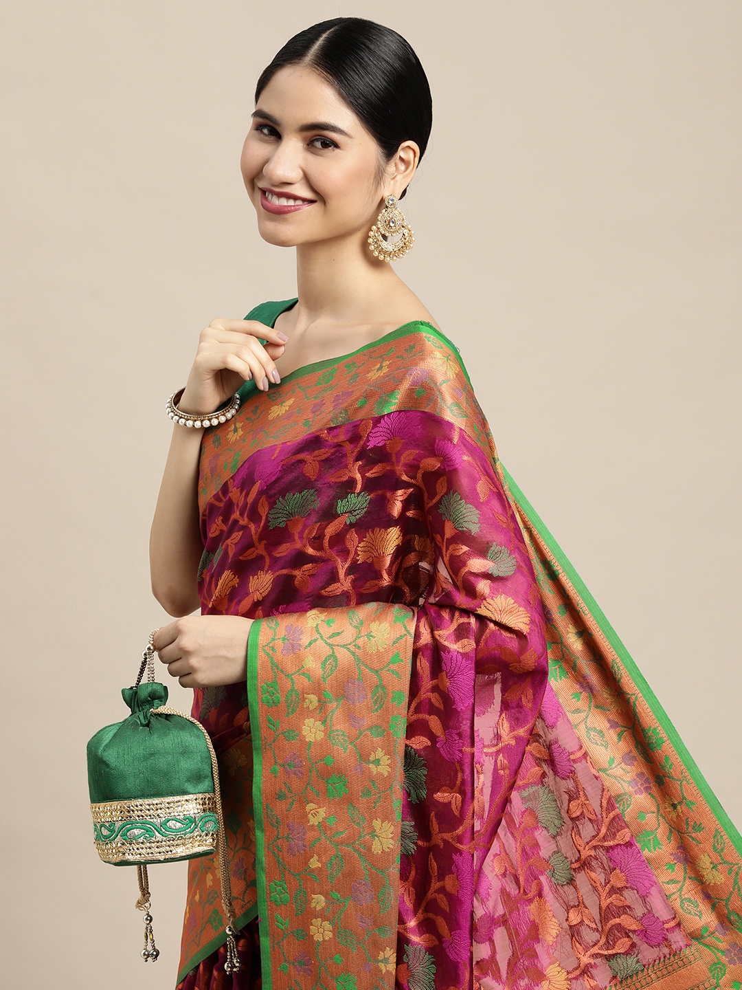 

Mitera Magenta & Green Floral Zari Organza Kanjeevaram Saree