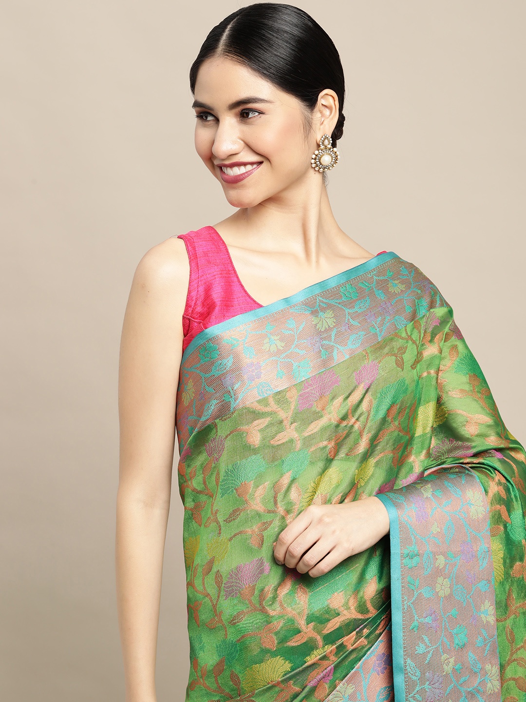 

Mitera Green & Blue Floral Zari Organza Kanjeevaram Saree