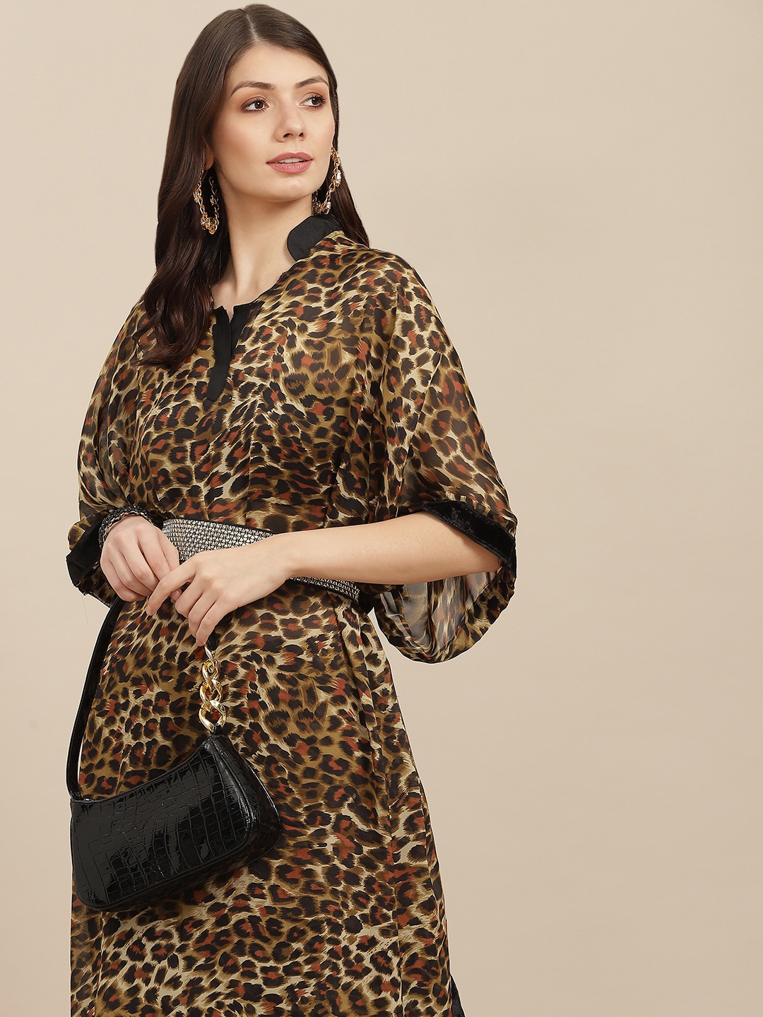 

Tikhi Imli Brown & Black Animal Printed Kaftan Saree with Belt