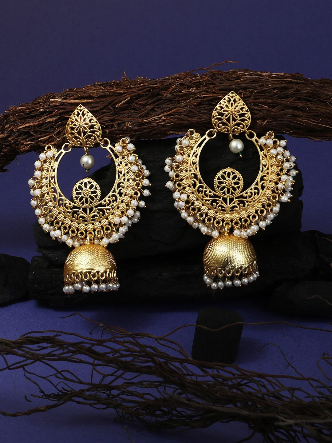 

Adwitiya Collection Women Gold-Toned Dome Shaped Chandbali Jhumkas Earrings