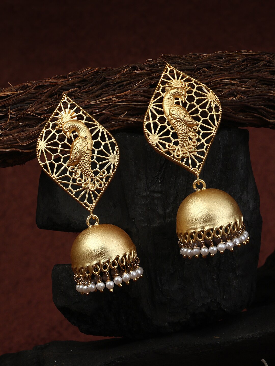 

Adwitiya Collection Gold-Toned Peacock Shaped Jhumkas Earrings