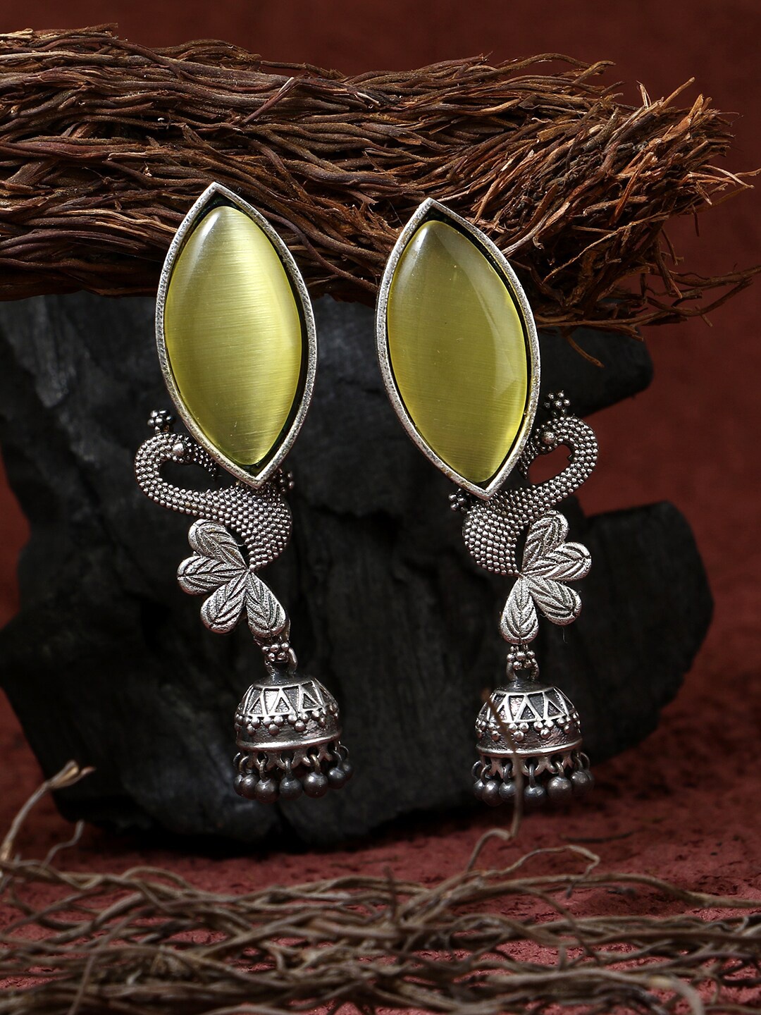 

Adwitiya Collection Silver-Toned & Green Peacock Shaped Jhumkas Earrings