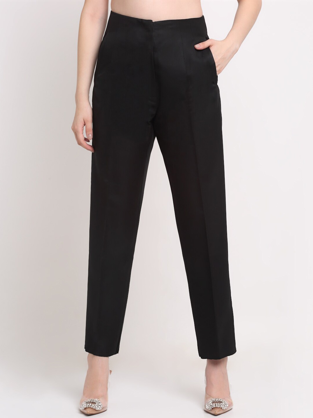 

Ennoble Women Black Smart High-Rise Easy Wash Pleated Trousers