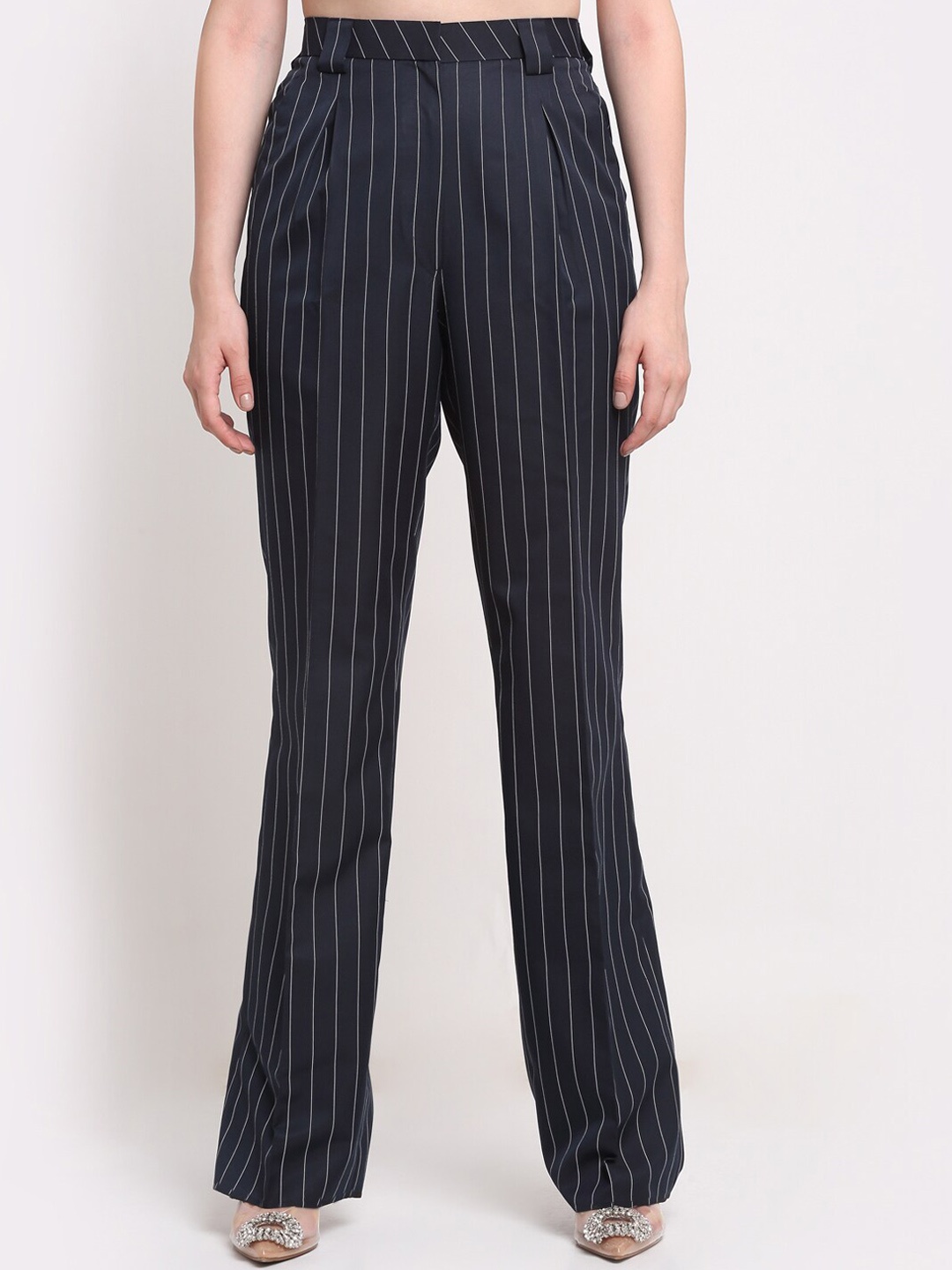 

Ennoble Women Black Striped Smart High-Rise Easy Wash Pleated Trousers