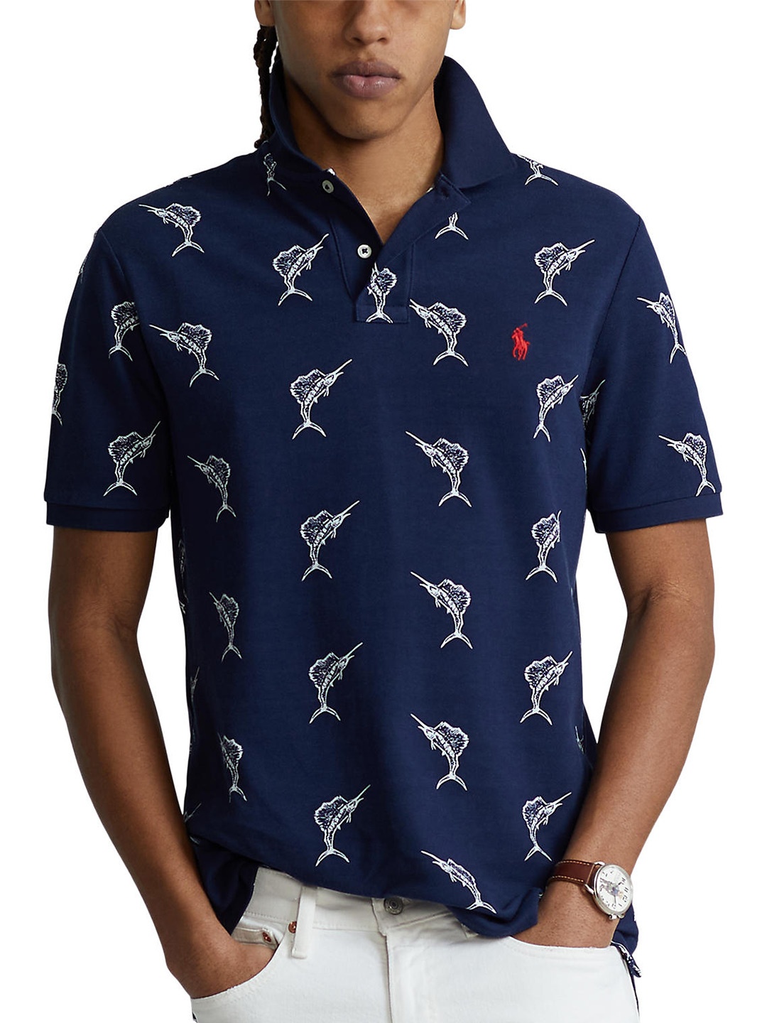 

Polo Ralph Lauren Men Blue & White Printed Cotton T-Shirt