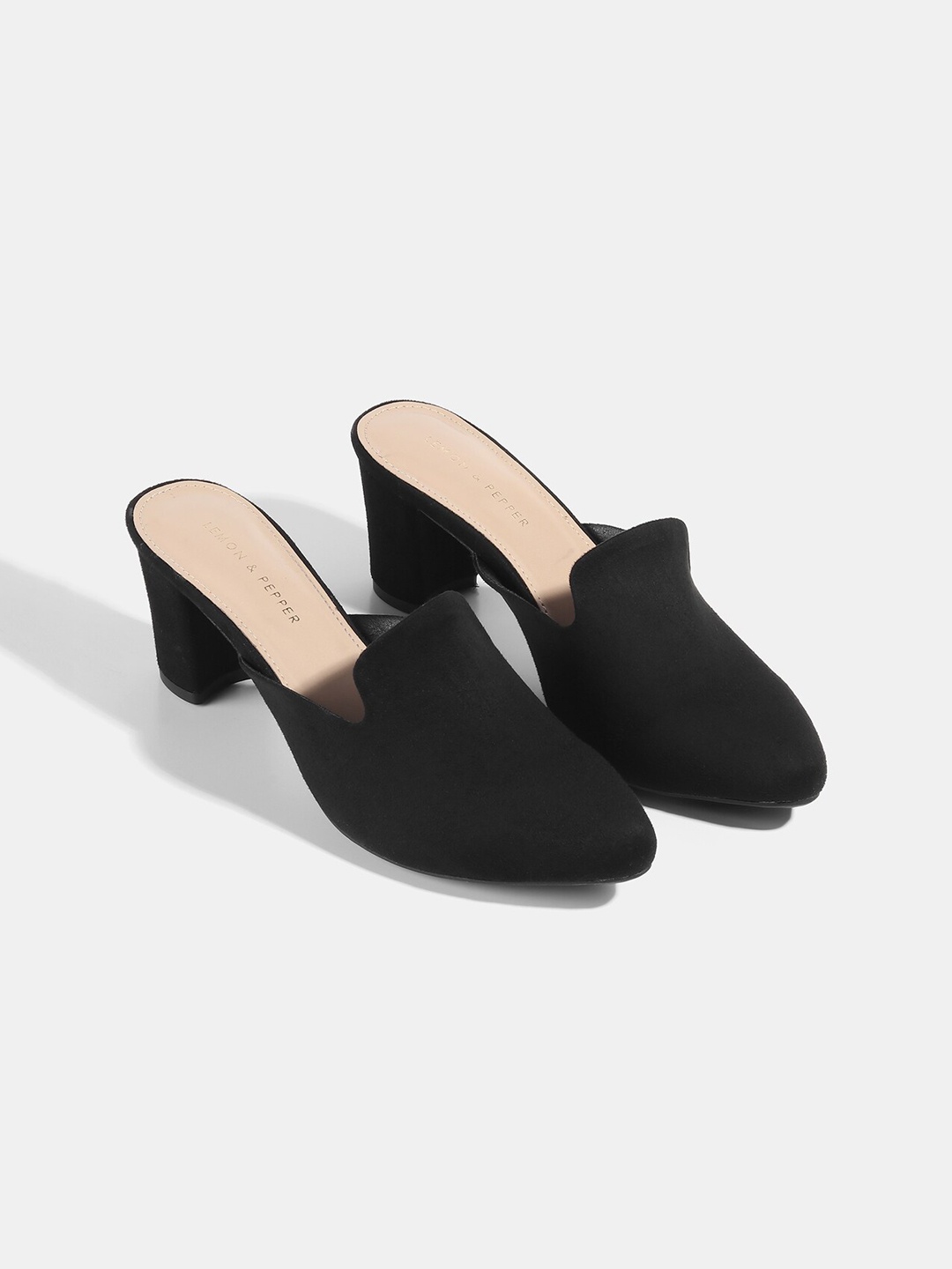 

LEMON & PEPPER Women Black Suede Block Mules