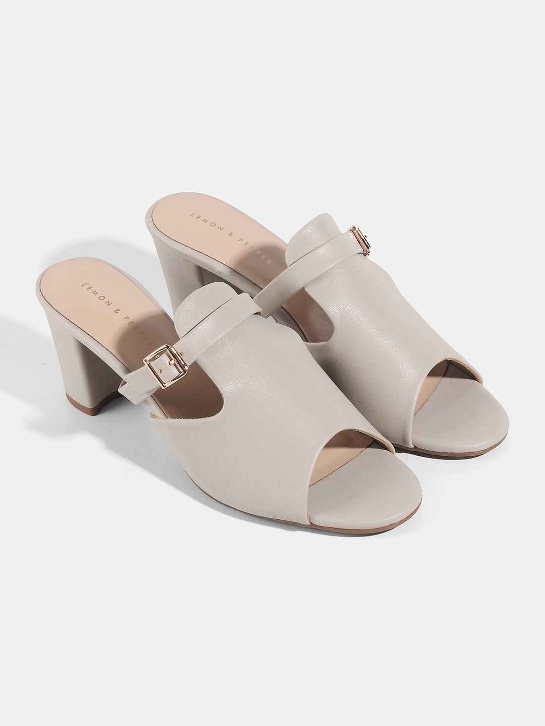 

LEMON & PEPPER Women Grey Suede Block Mules with Buckles