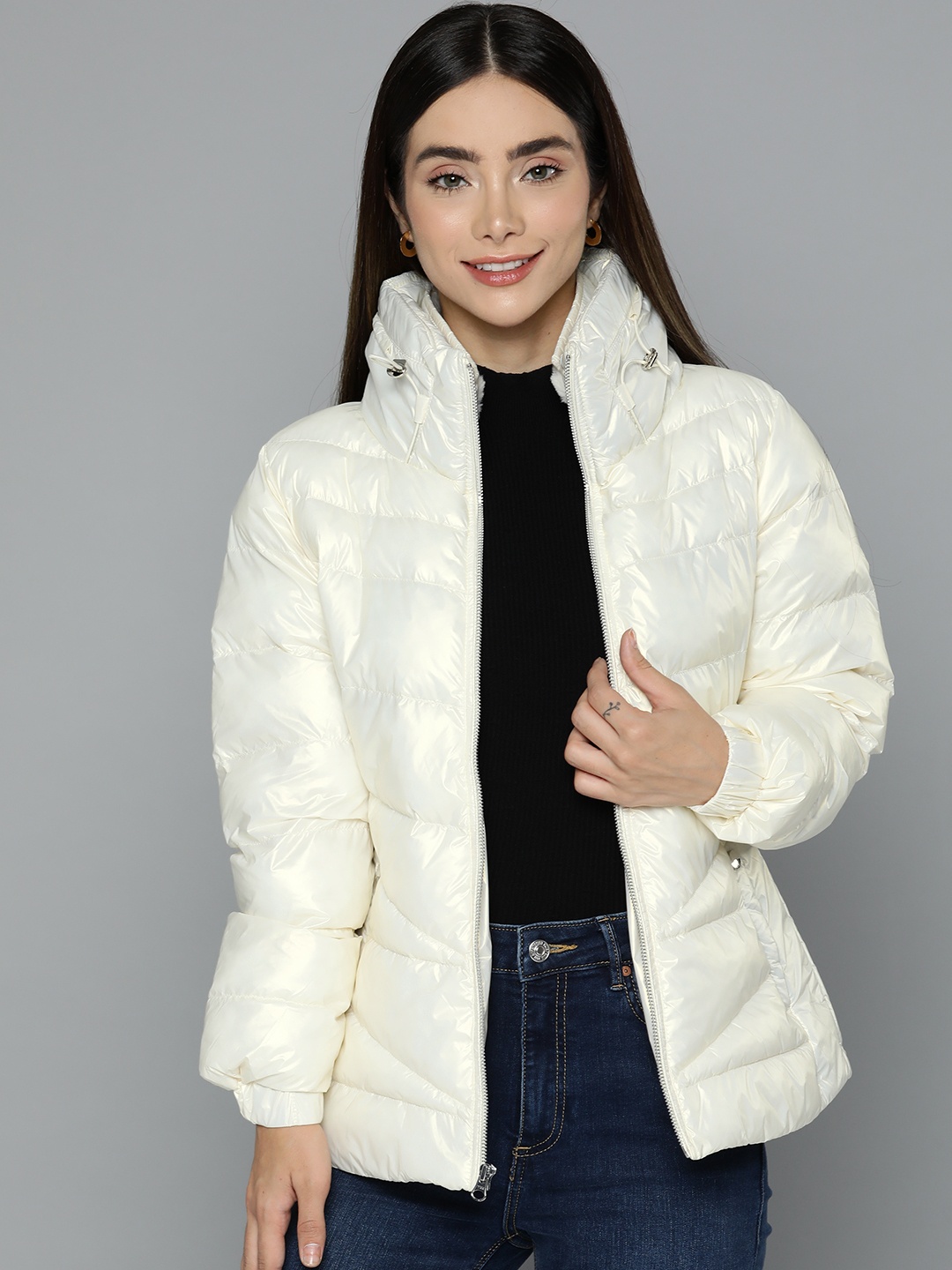 

Fort Collins Women Cream-Coloured Solid Faux Fur Padded Jacket