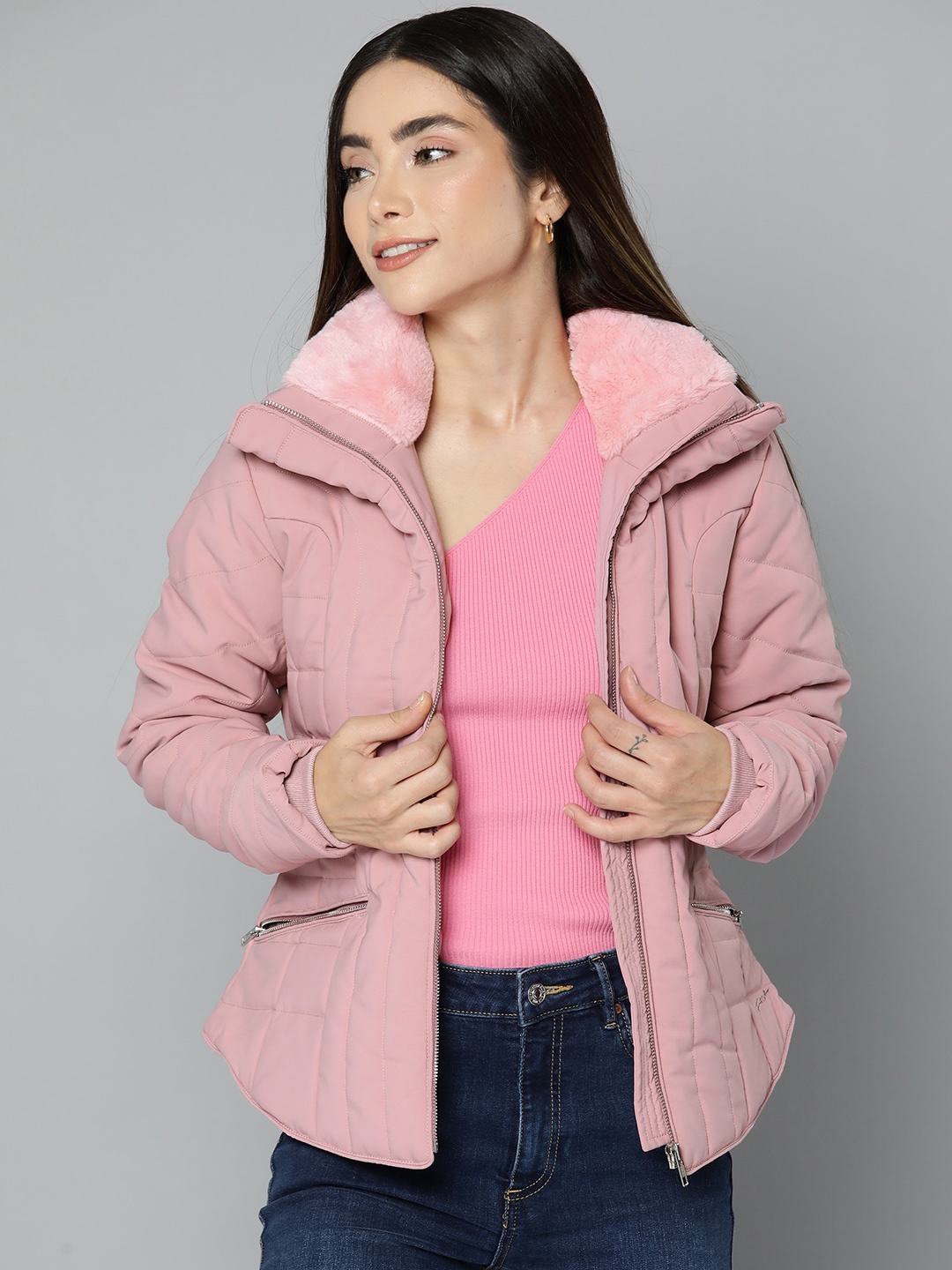 

Fort Collins Women Pink Solid Faux Fur Padded Jacket
