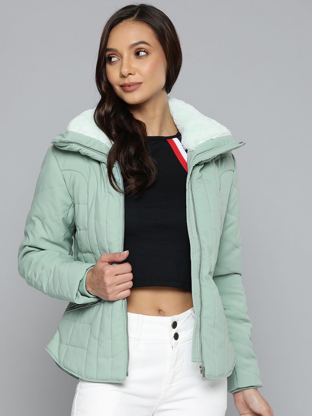 

Fort Collins Women Blue Solid Bomber Jacket with Faux Fur Collar