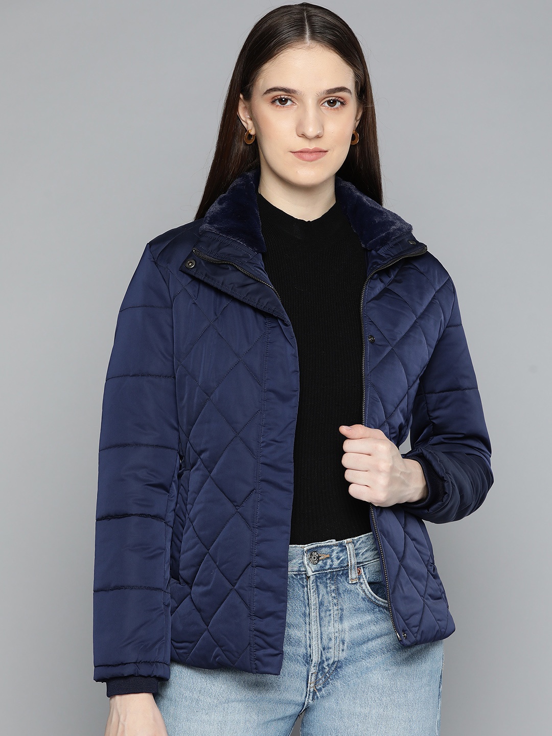 

Fort Collins Women Navy Blue Solid Quilted Jacket
