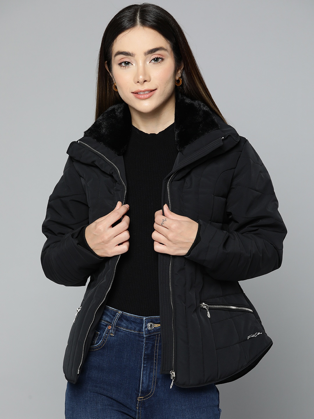 

Fort Collins Women Black Solid Faux Fur Padded Jacket