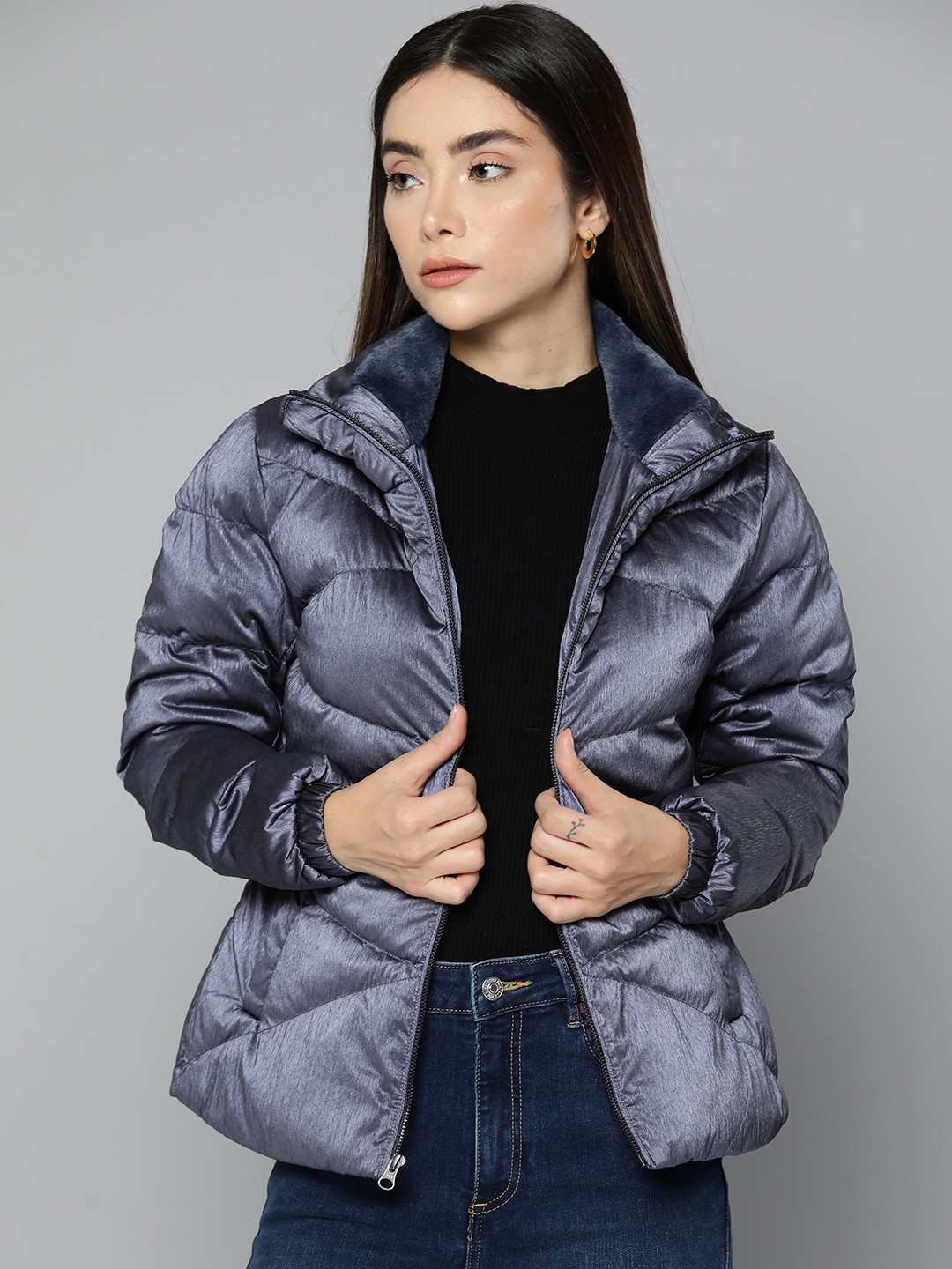 

Fort Collins Women Navy Blue Solid Faux Fur Padded Jacket