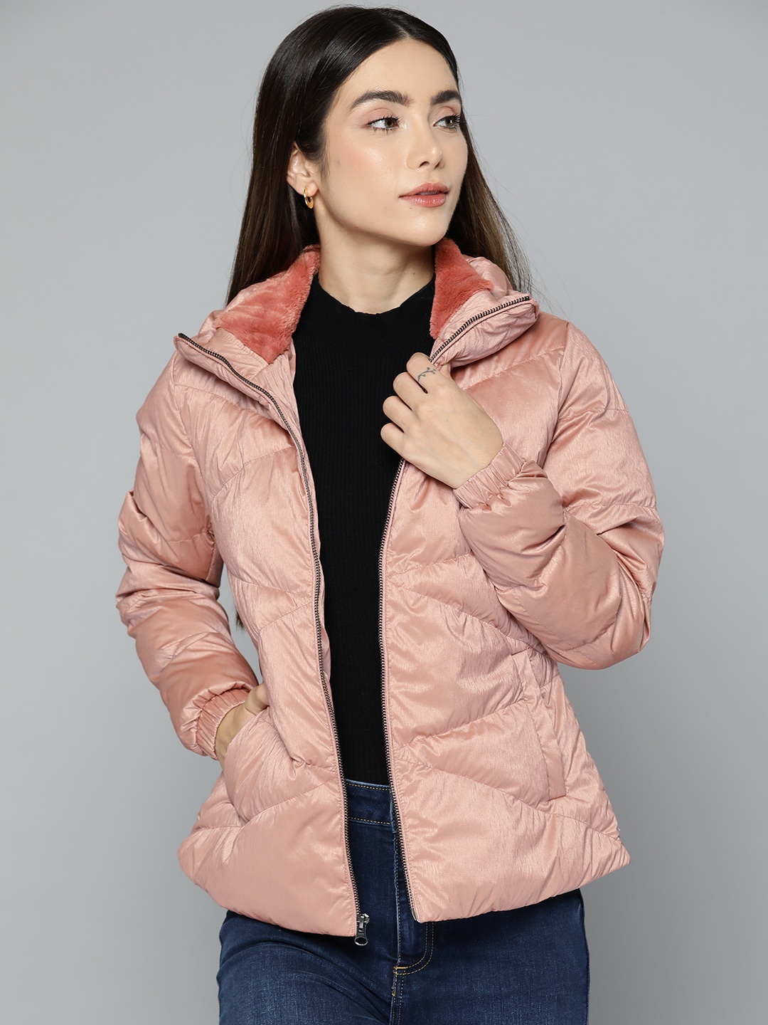 

Fort Collins Women Peach-Coloured Solid Faux Fur Padded Jacket