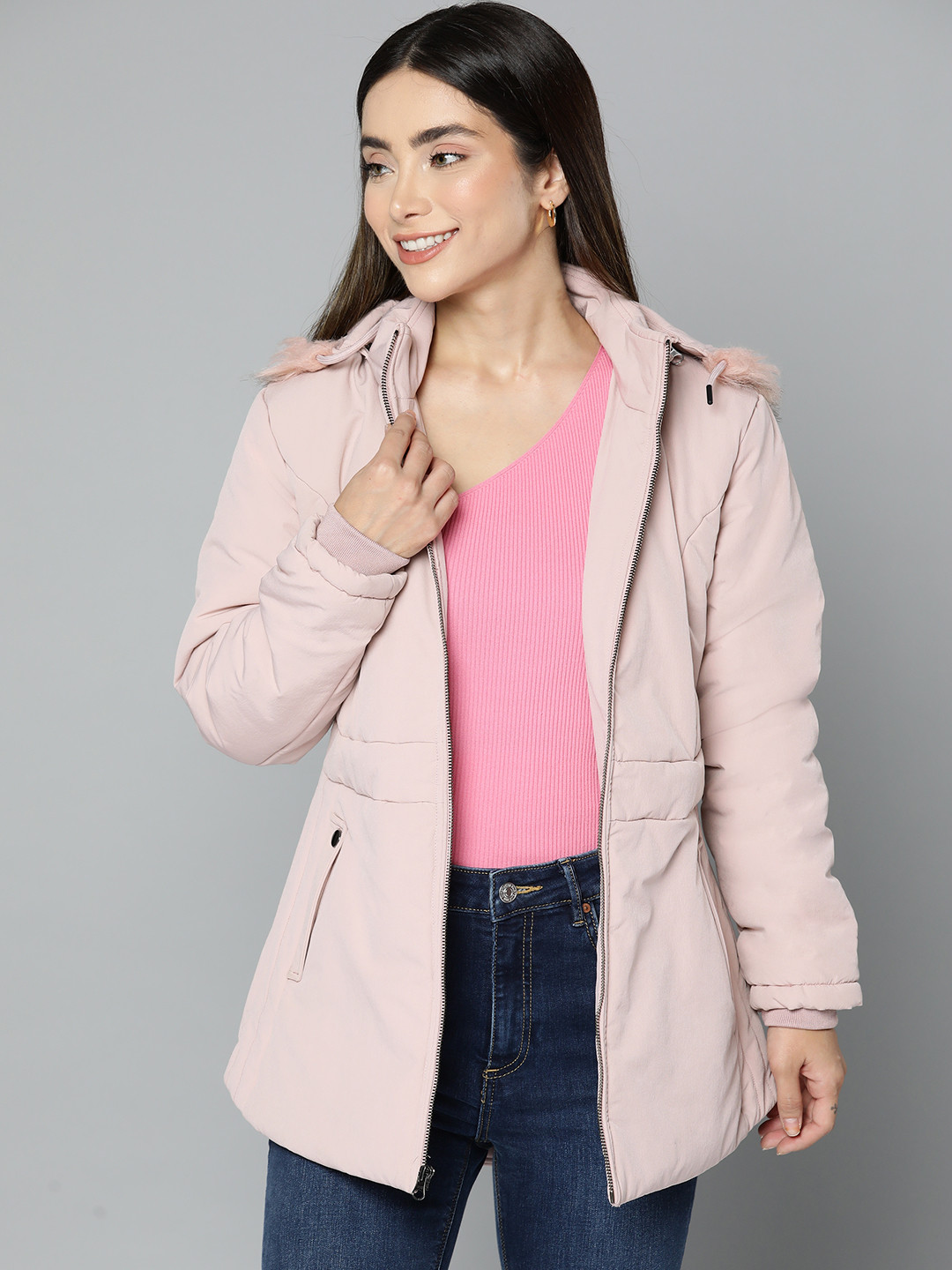 

Fort Collins Women Dusty Pink Solid Hooded Faux Fur Padded Jacket, Rose