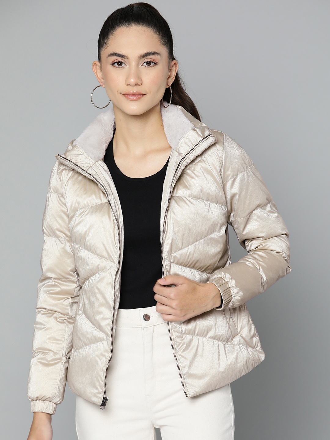 

Fort Collins Women Cream-Coloured Solid Faux Fur Padded Jacket