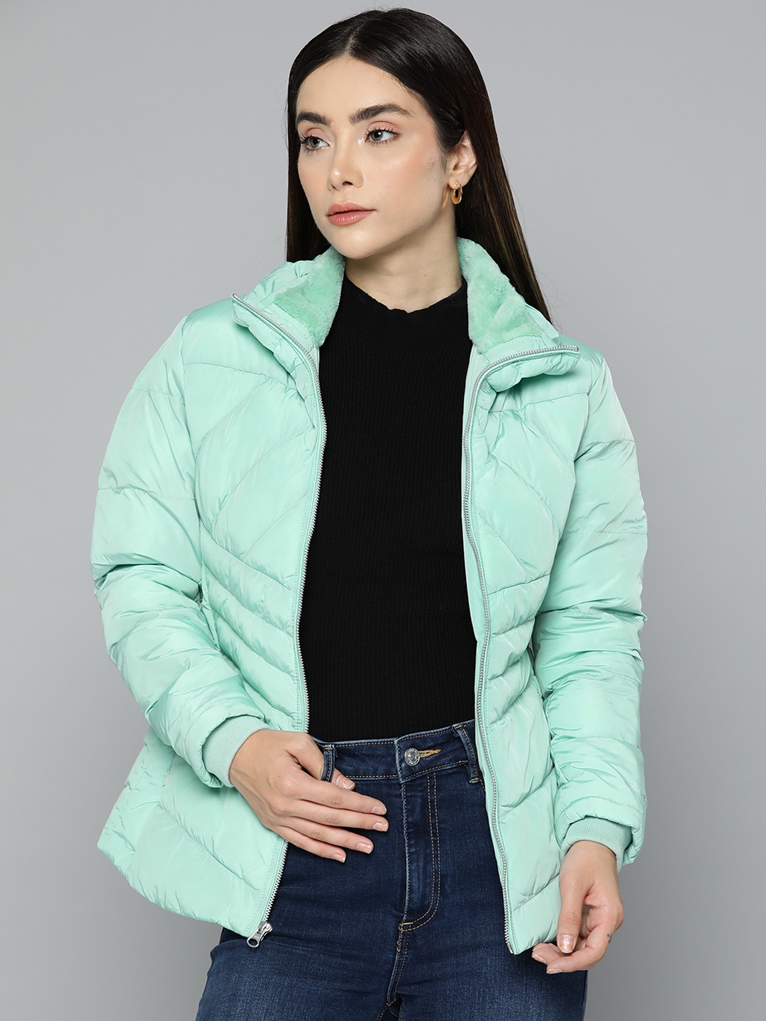 

Fort Collins Women Green Solid Faux Fur Padded Jacket
