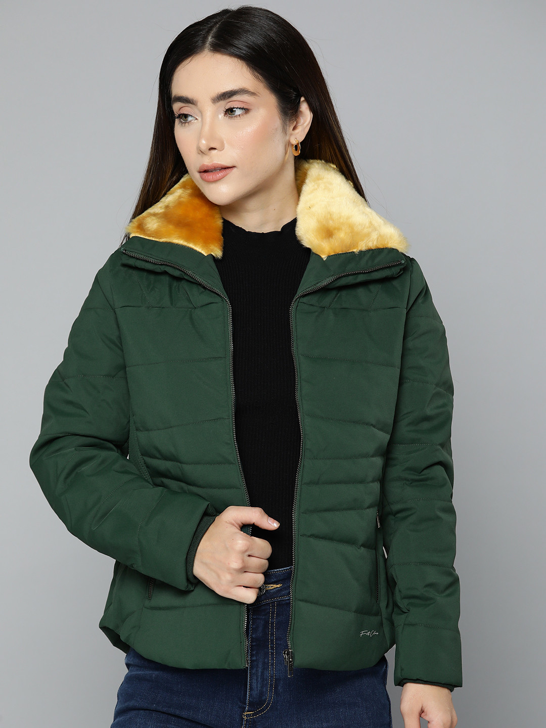 

Fort Collins Women Green Solid Faux Fur Padded Jacket