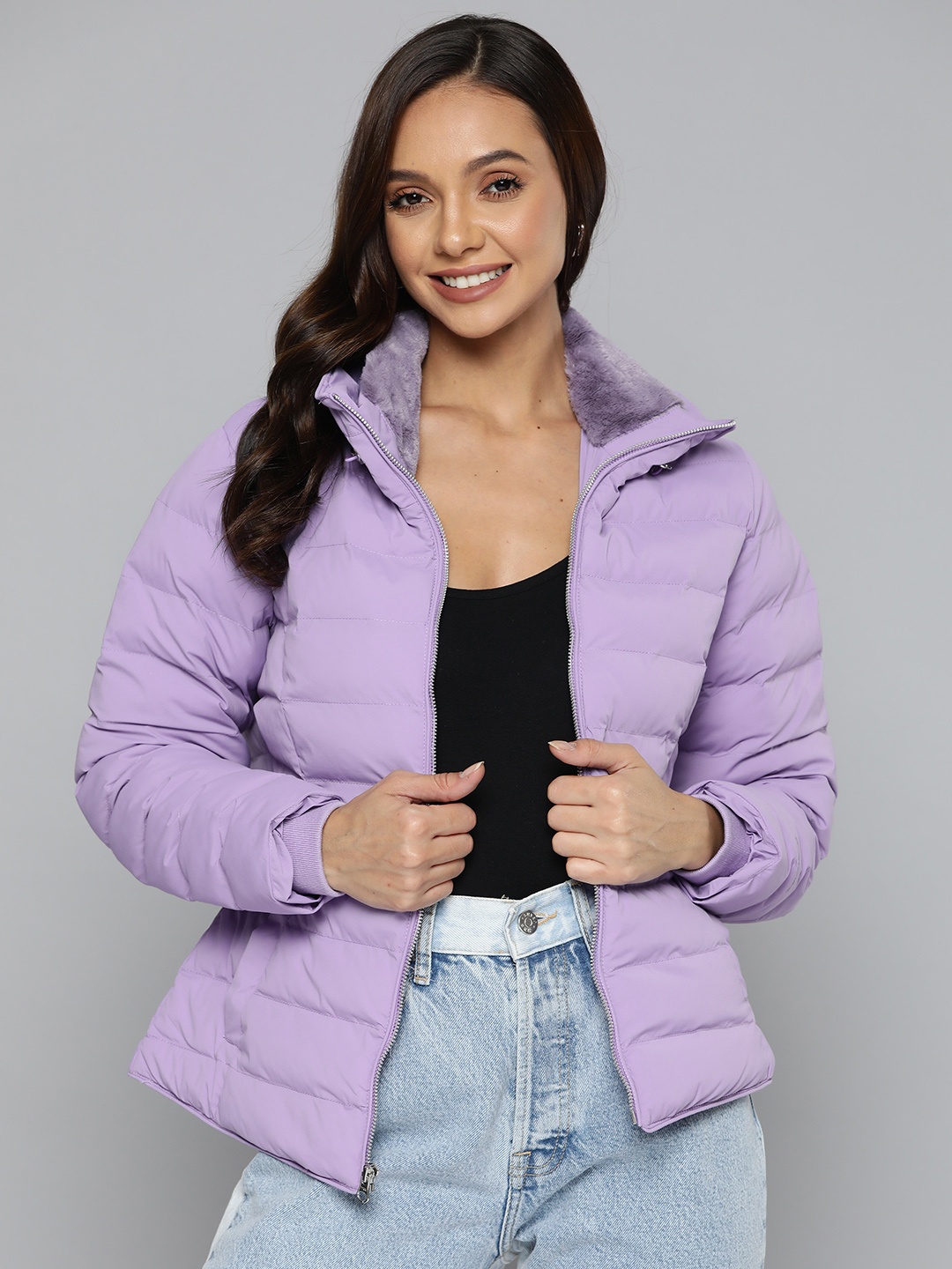 

Fort Collins Women Lavender Solid Bomber Jacket with Faux Fur Collar