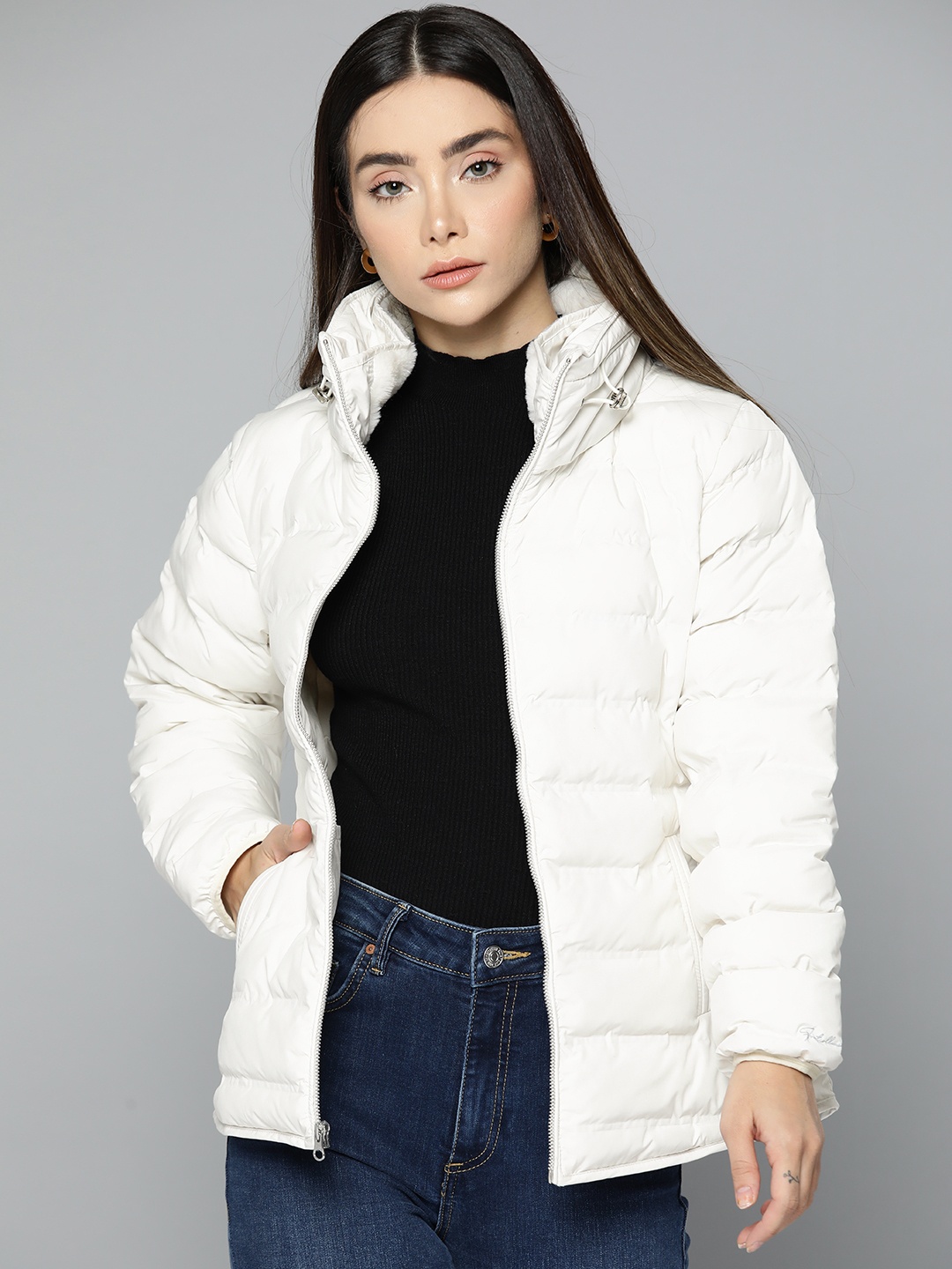 

Fort Collins Women White Bomber Jacket with Faux Fur Trim