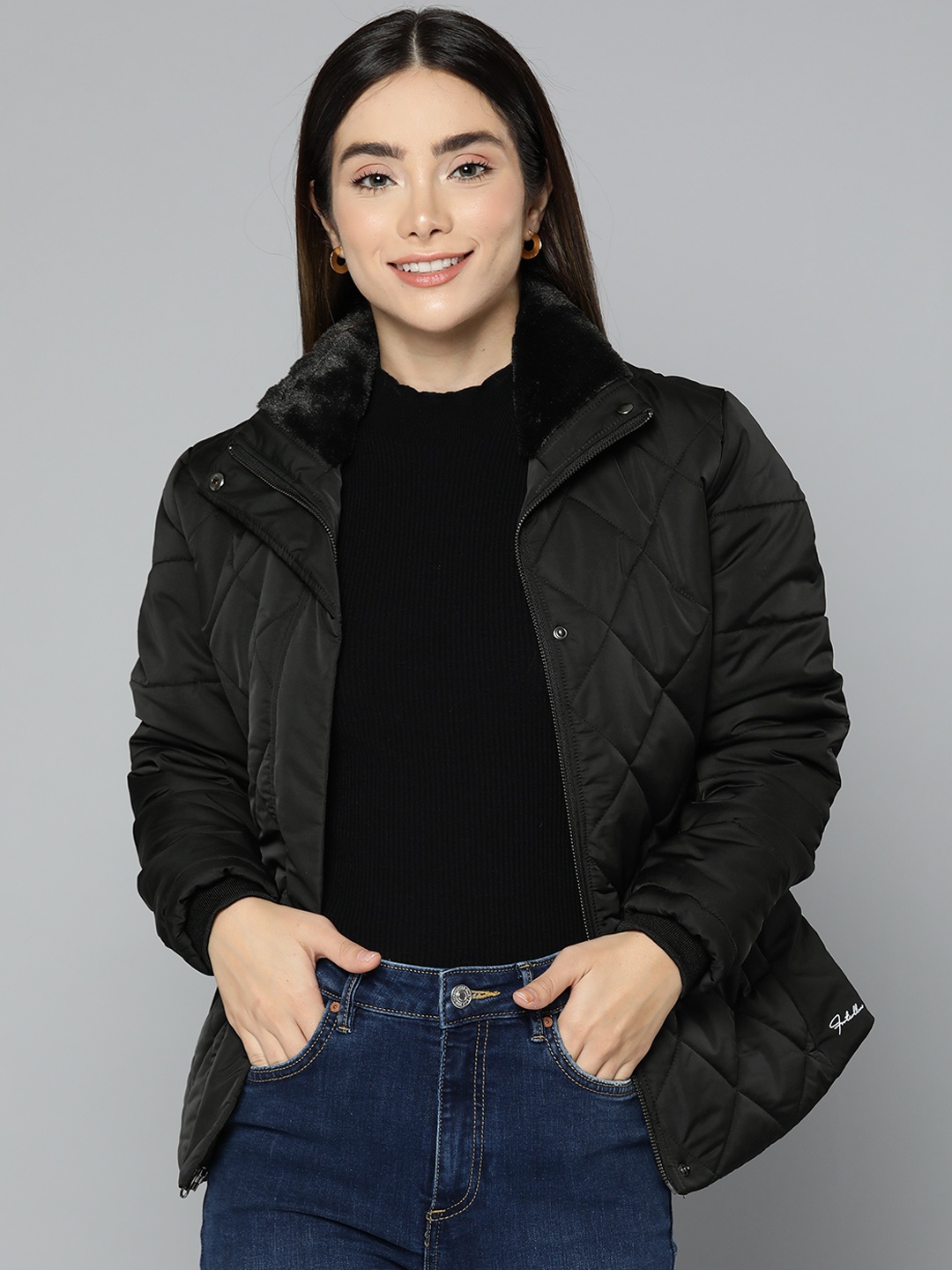 

Fort Collins Women Black Bomber Jacket with Faux Fur Trim