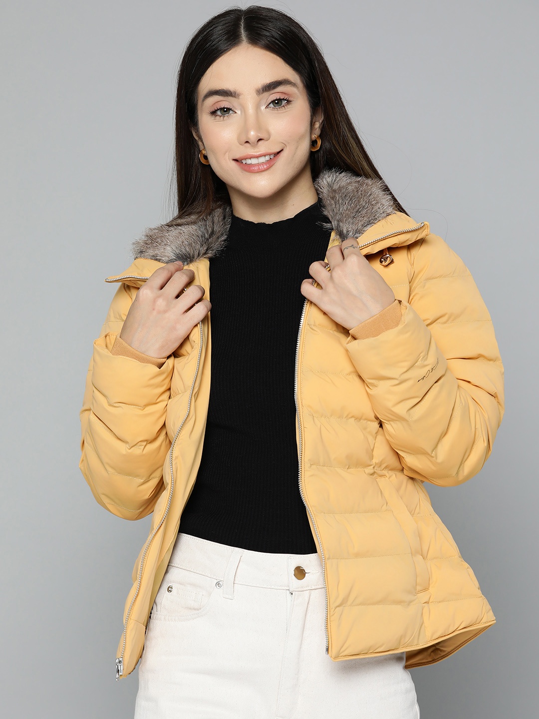 

Fort Collins Women Mustard Yellow Solid Faux Fur Padded Jacket