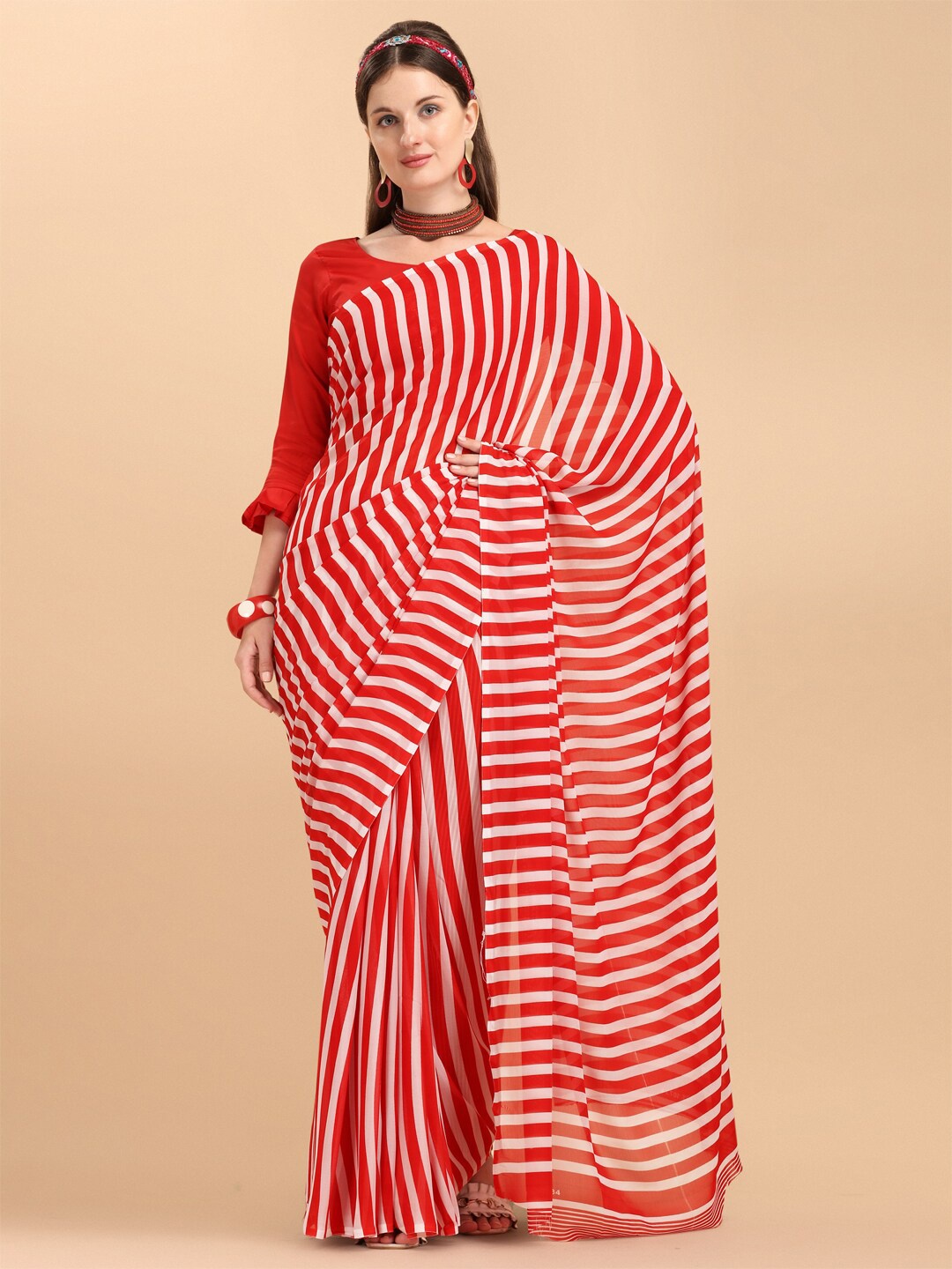 

Sangria Red & White Striped Pure Georgette Saree