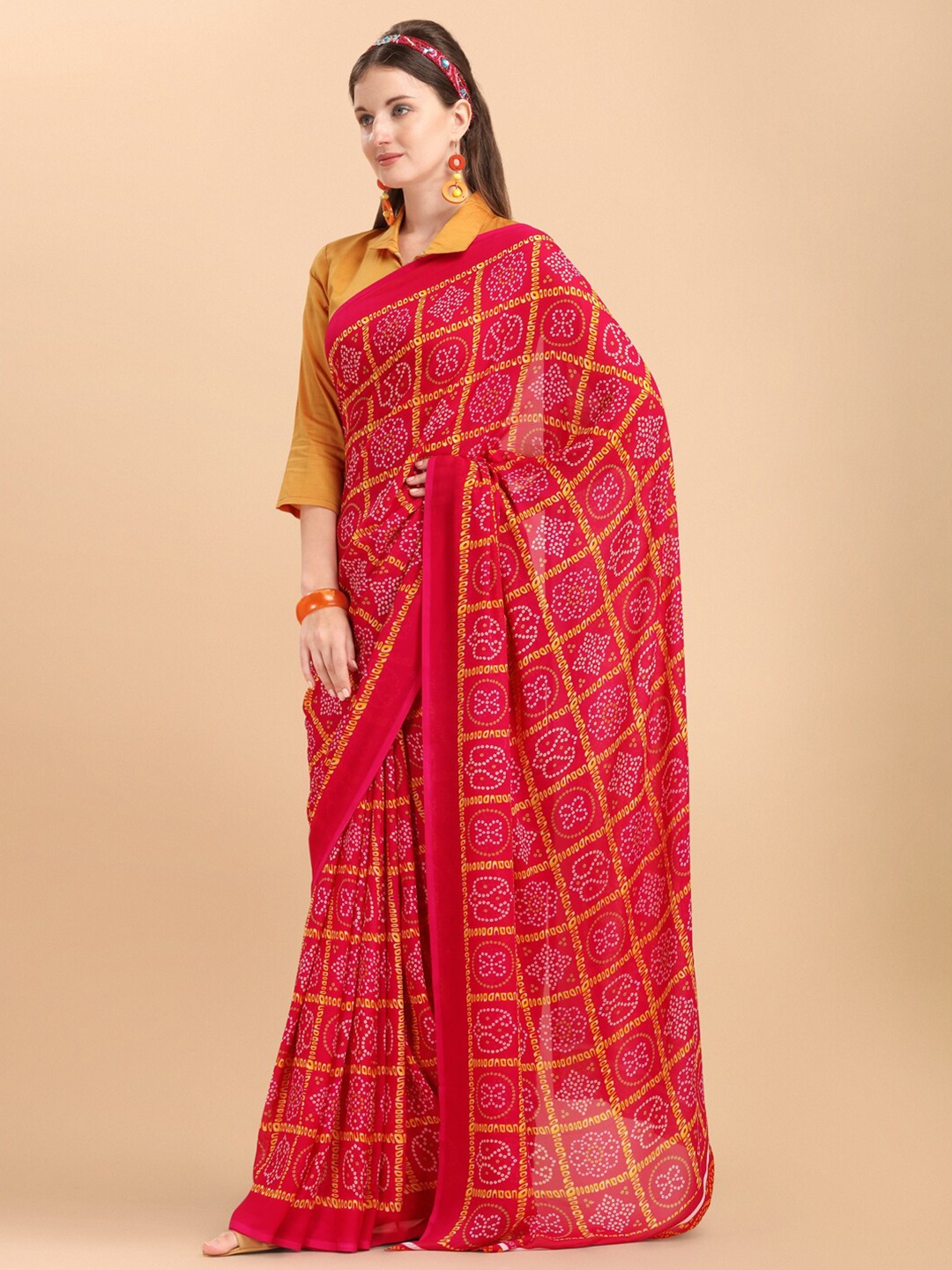 

Sangria Pink & Gold-Toned Bandhani Pure Georgette Saree