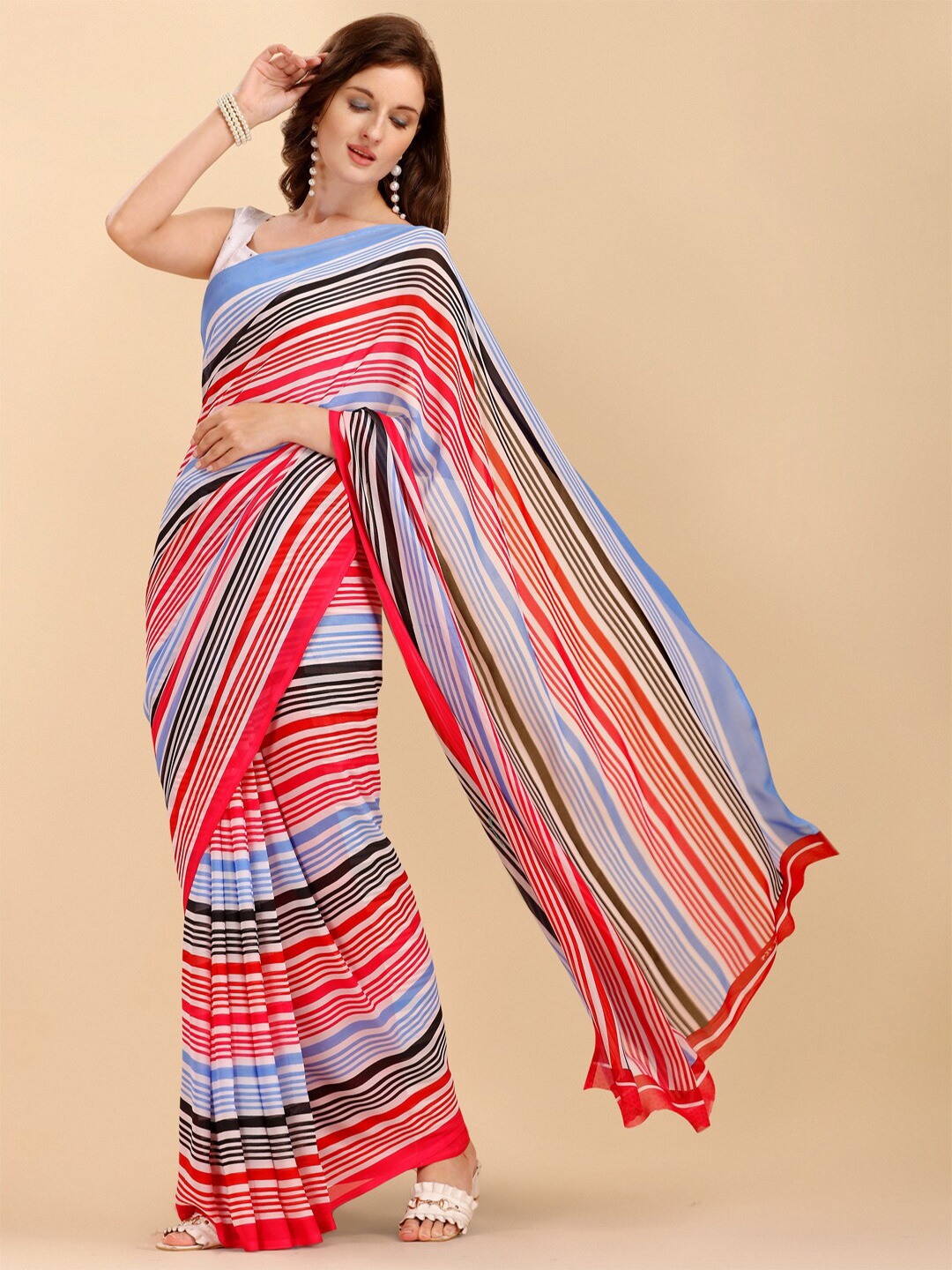 

Sangria Red & White Striped Pure Georgette Saree