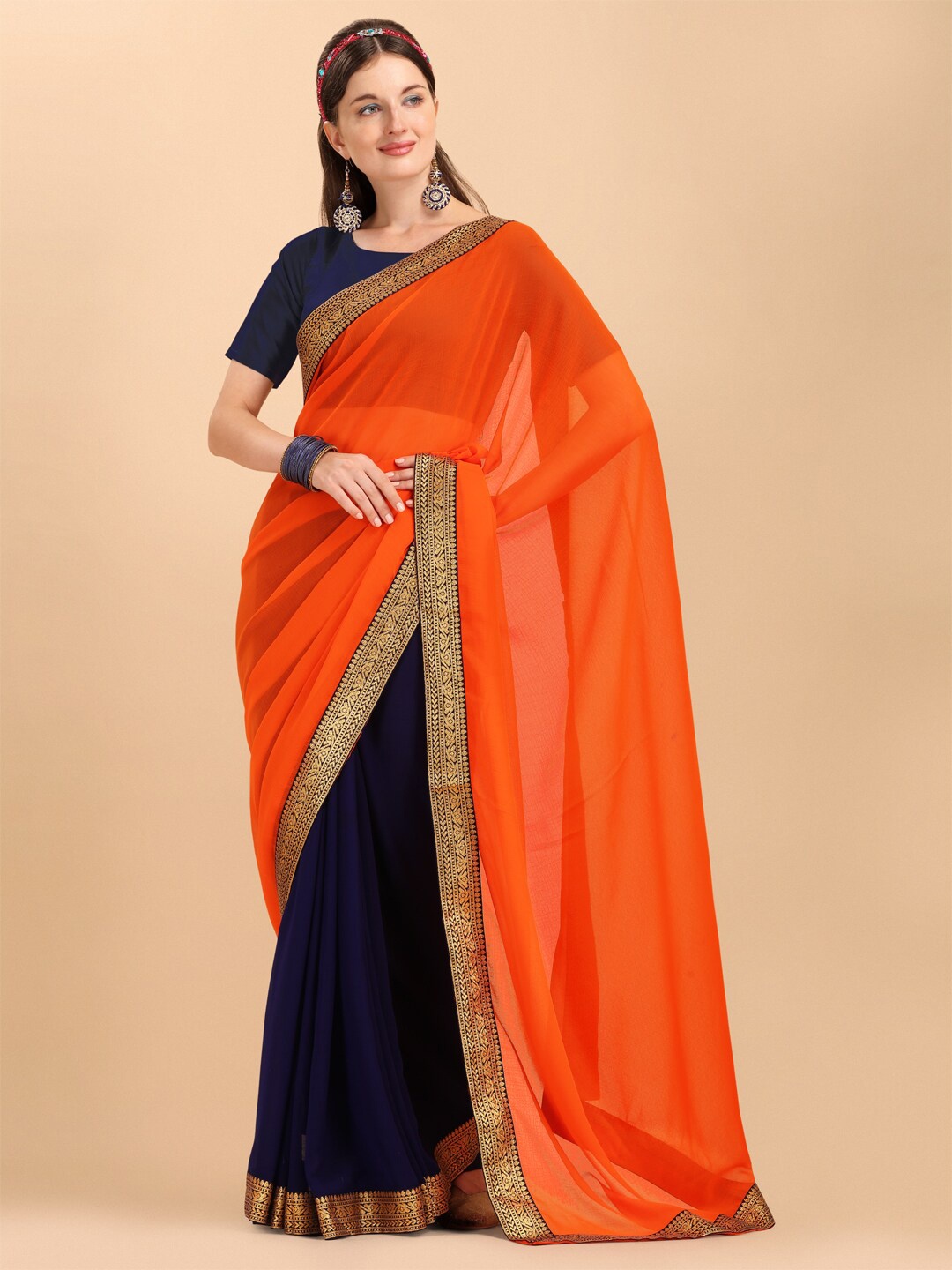 

Sangria Orange & Blue Zari Border Pure Georgette Saree With Unstitched Blouse Piece