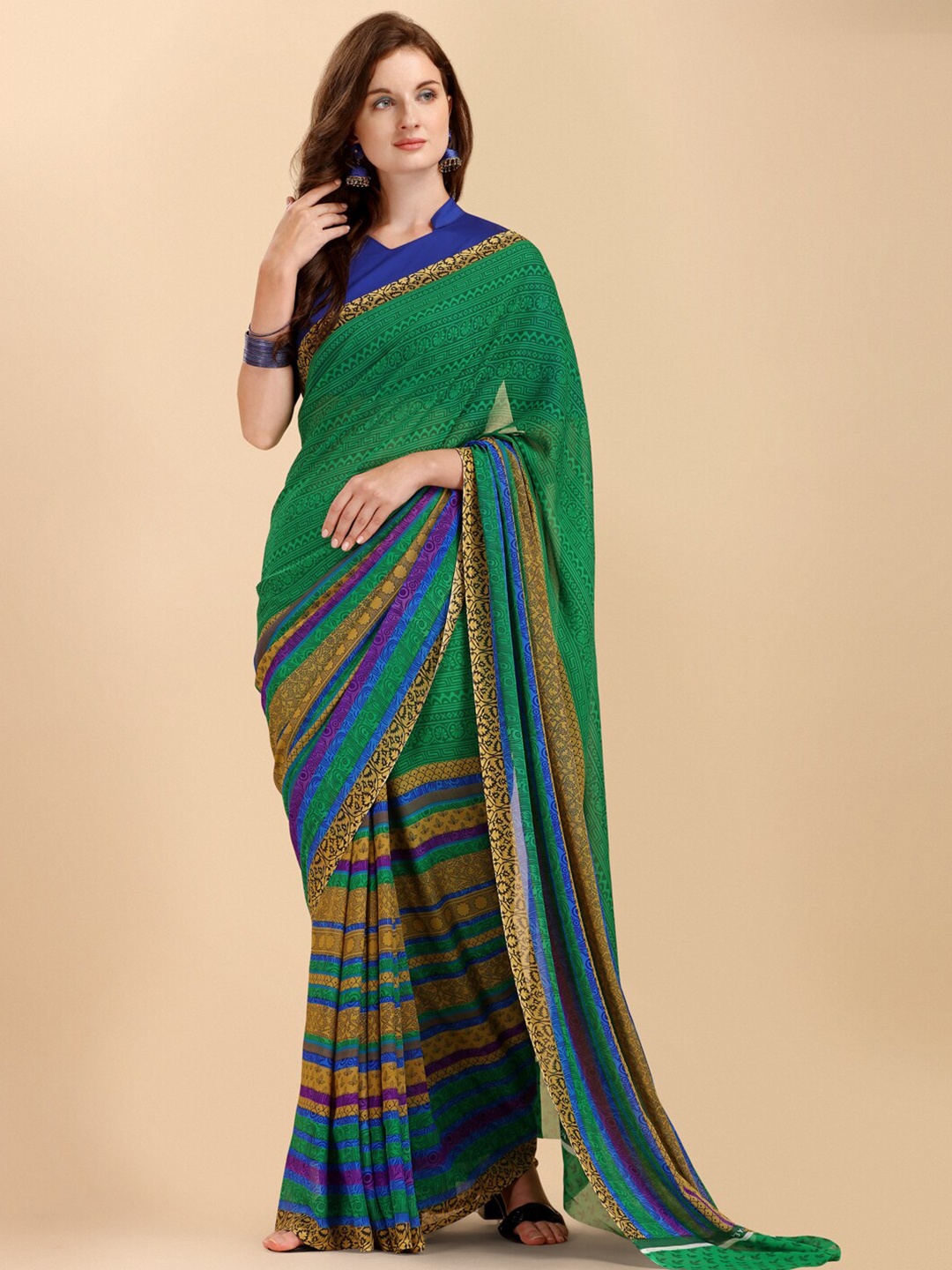 

Sangria Green & Navy Blue Striped Pure Georgette Saree