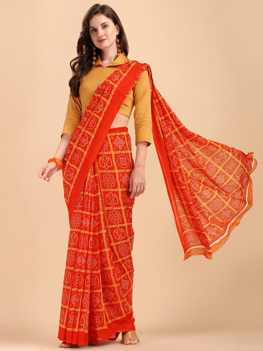 

Sangria Women Red Bandhani Printed Pure Georgette Saree