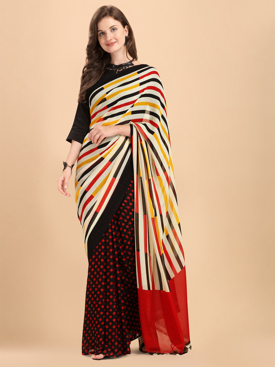 

Sangria Women Black Striped Pure Georgette Saree