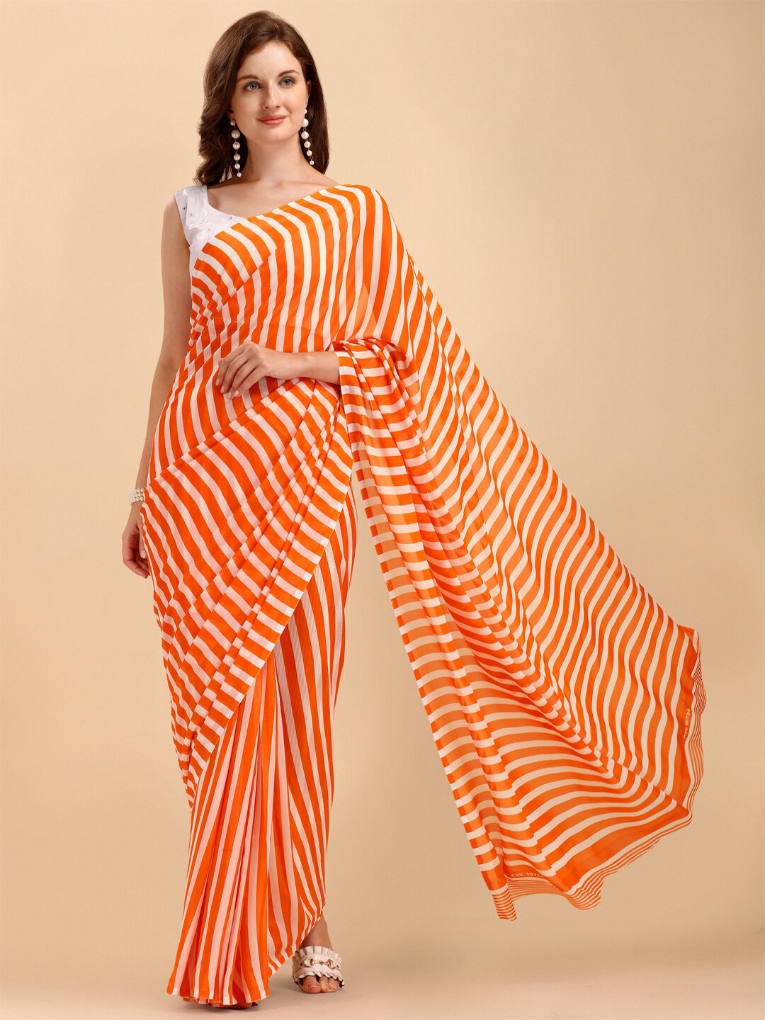 

Sangria Women Orange & White Striped Pure Georgette Saree