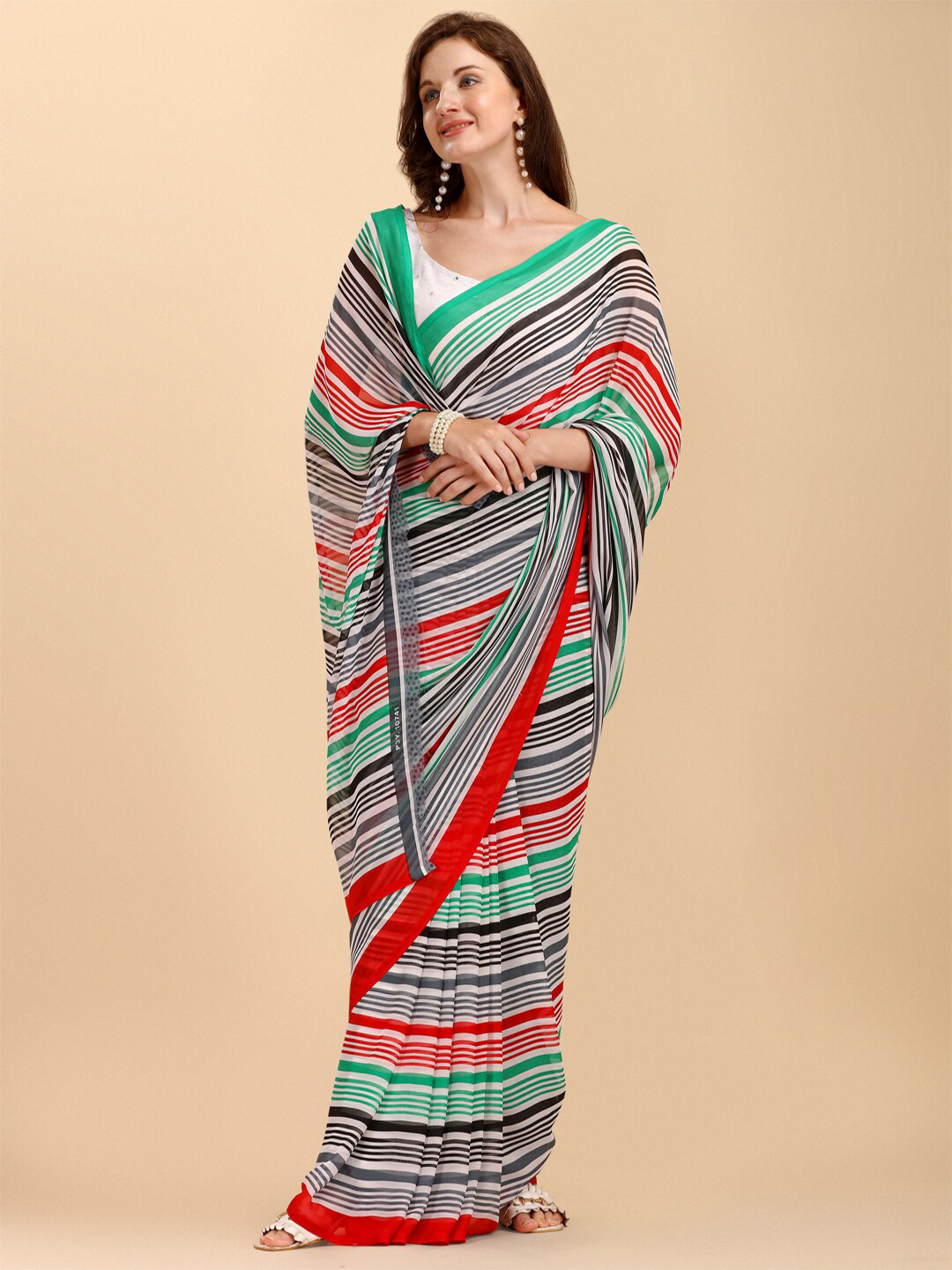 

Sangria Green & Navy Blue Striped Pure Georgette Saree