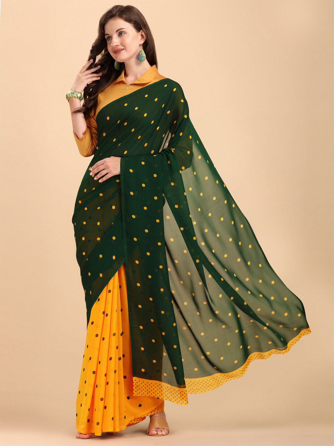 

Sangria women Green & Yellow Pure Georgette Half and Half Saree