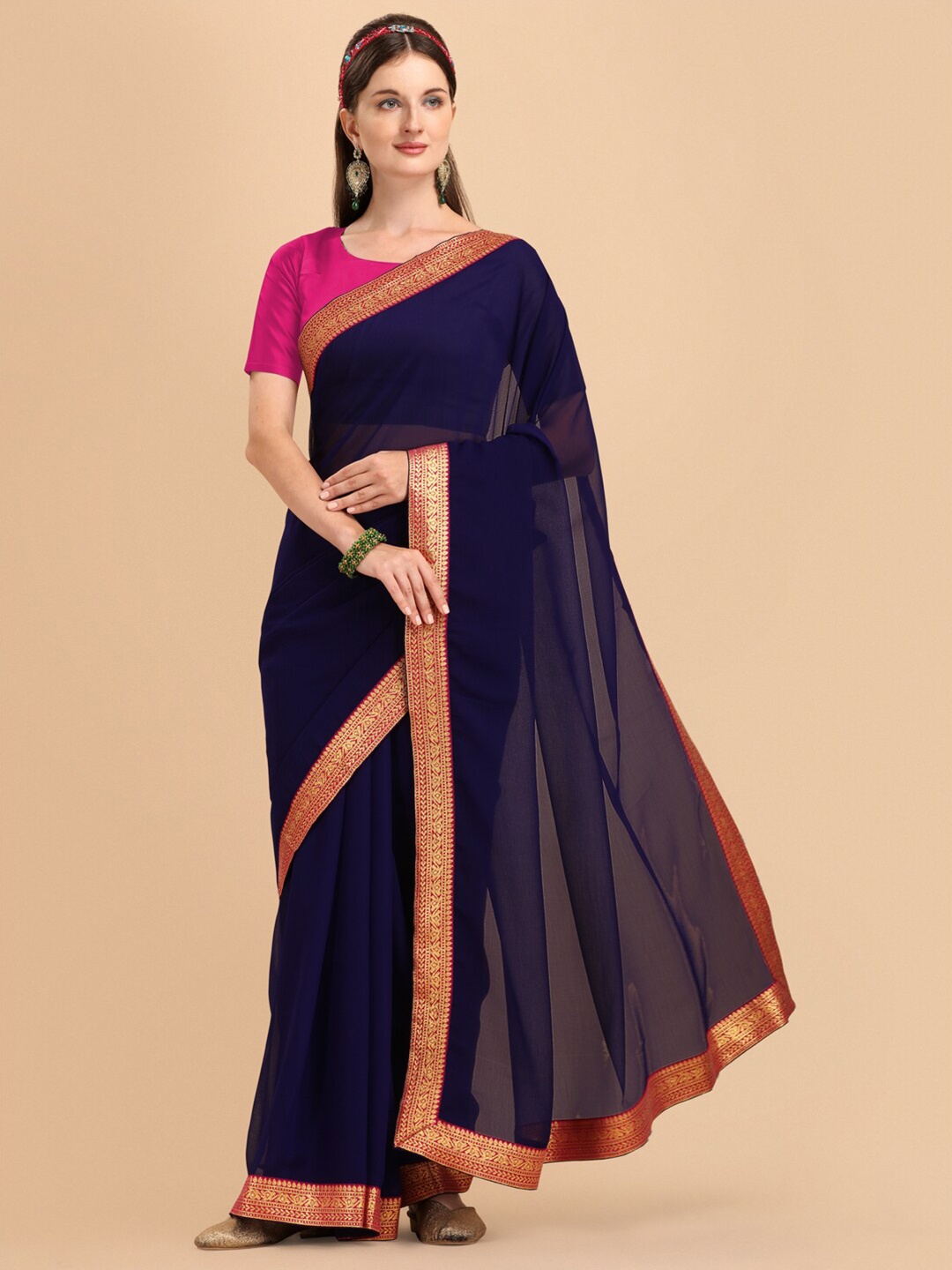 

Sangria Navy Blue & Magenta Pure Georgette Saree
